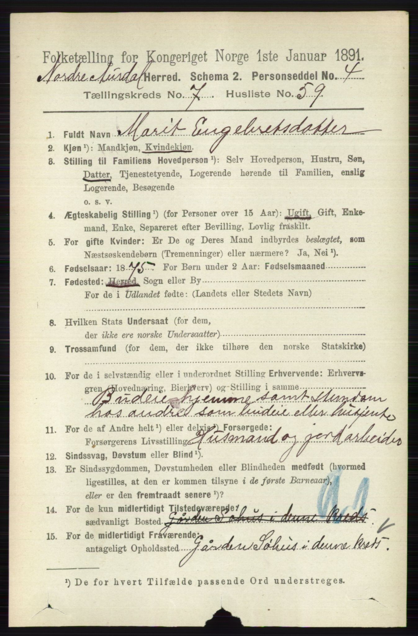 RA, 1891 census for 0542 Nord-Aurdal, 1891, p. 2697