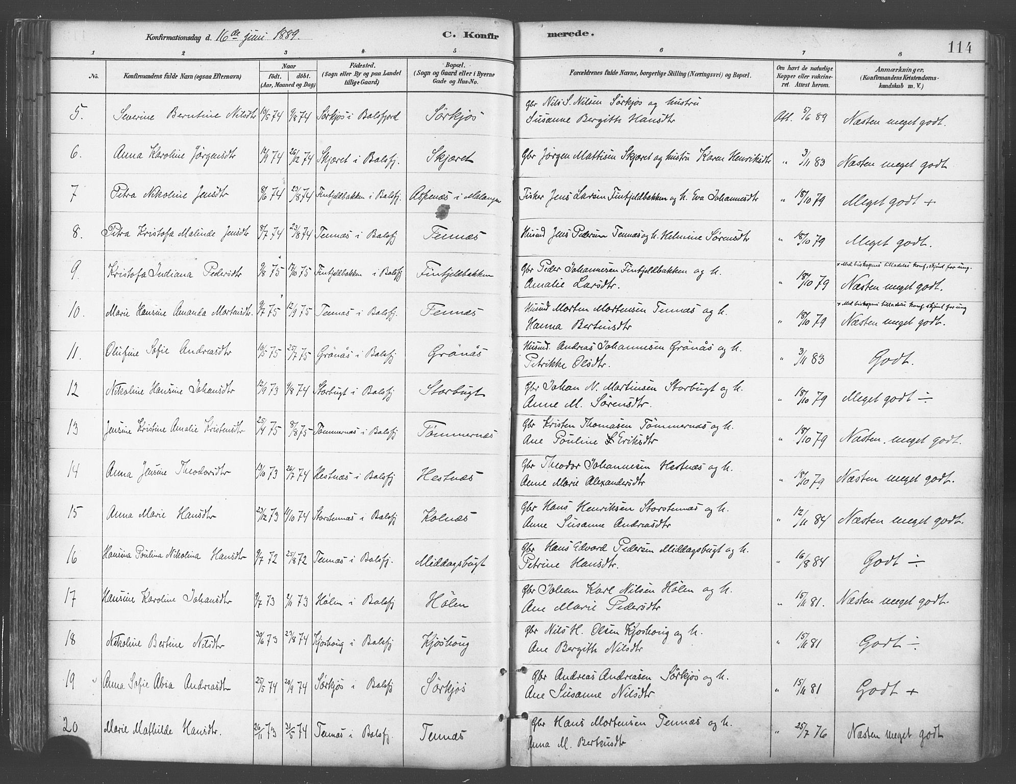 Balsfjord sokneprestembete, AV/SATØ-S-1303/G/Gaa/L0005kirke: Parish register (official) no. 5, 1884-1897, p. 114