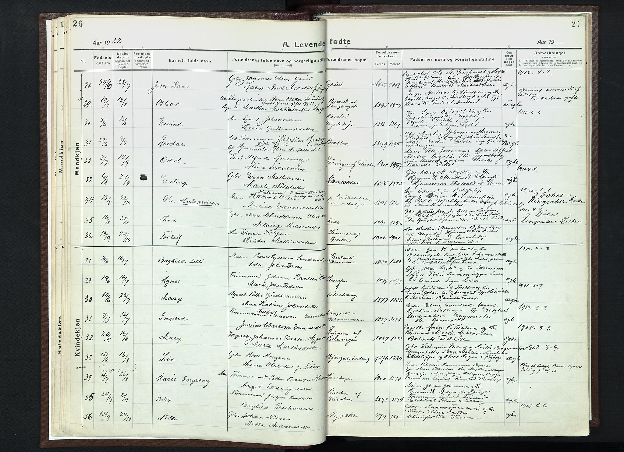 Veldre prestekontor, AV/SAH-PREST-018/K/Ka/L0001: Parish register (official) no. 1, 1921-1934, p. 26-27