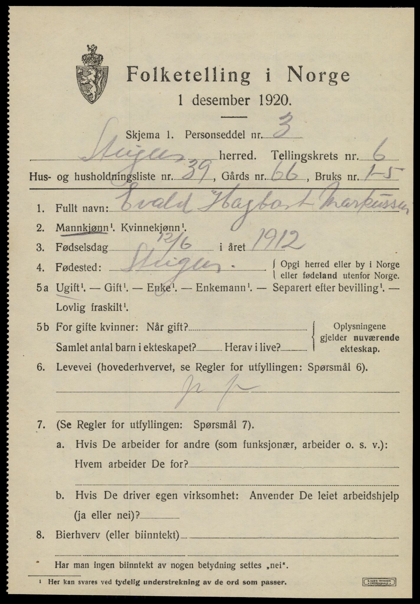 SAT, 1920 census for Steigen, 1920, p. 2742