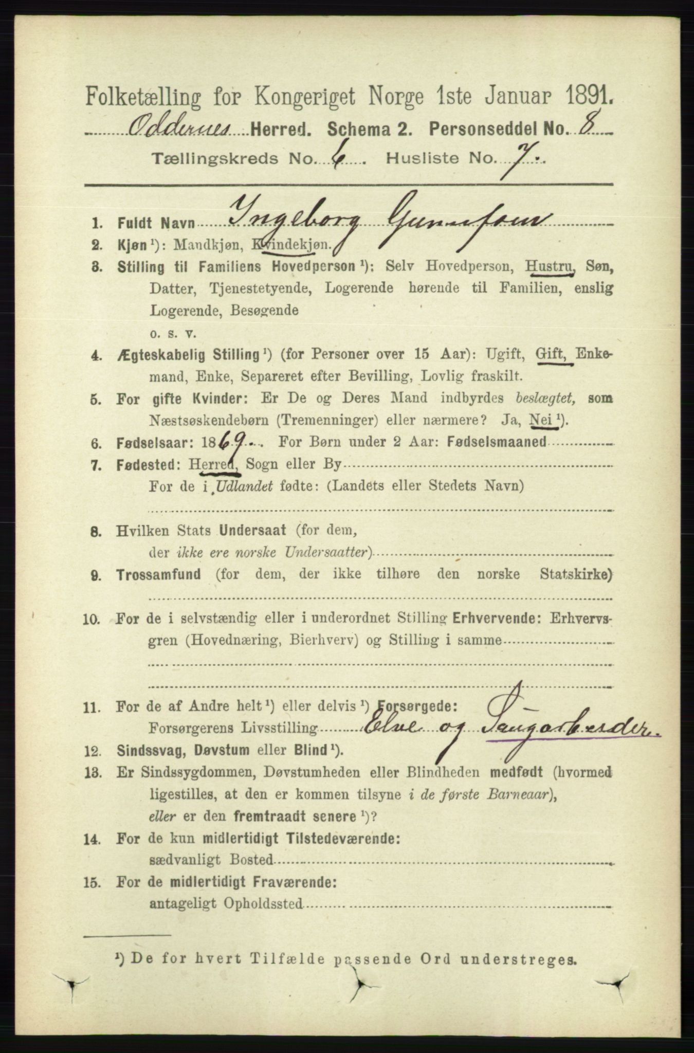 RA, 1891 census for 1012 Oddernes, 1891, p. 2233