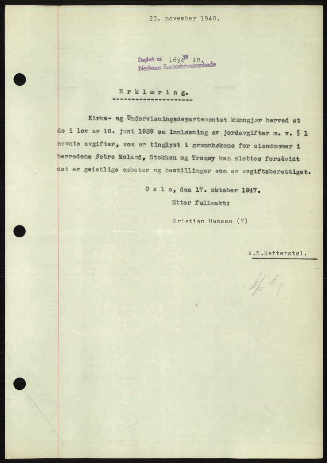Nedenes sorenskriveri, SAK/1221-0006/G/Gb/Gba/L0060: Mortgage book no. A12, 1948-1949, Diary no: : 1694/1948