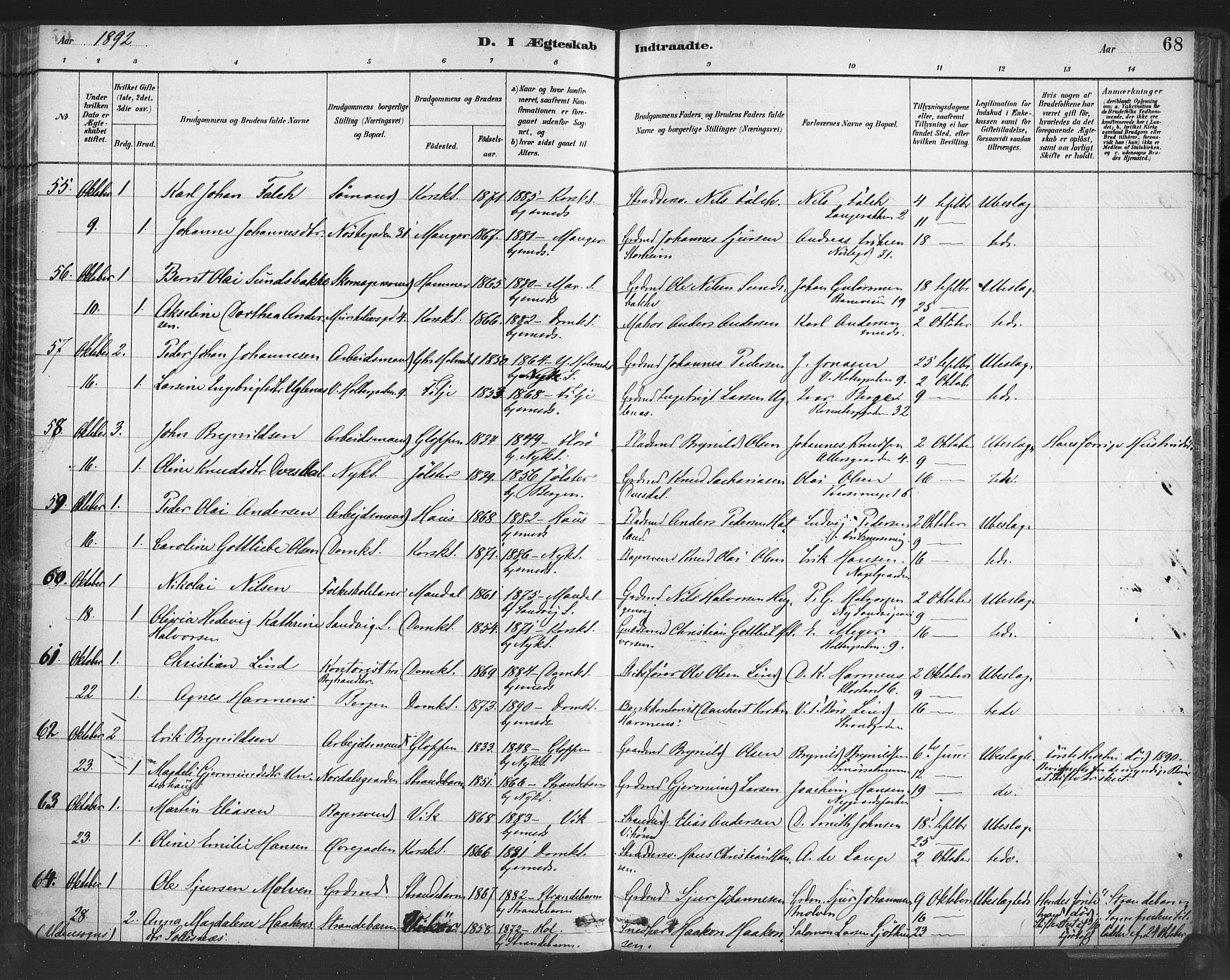 Nykirken Sokneprestembete, AV/SAB-A-77101/H/Haa/L0033: Parish register (official) no. D 3, 1884-1895, p. 68