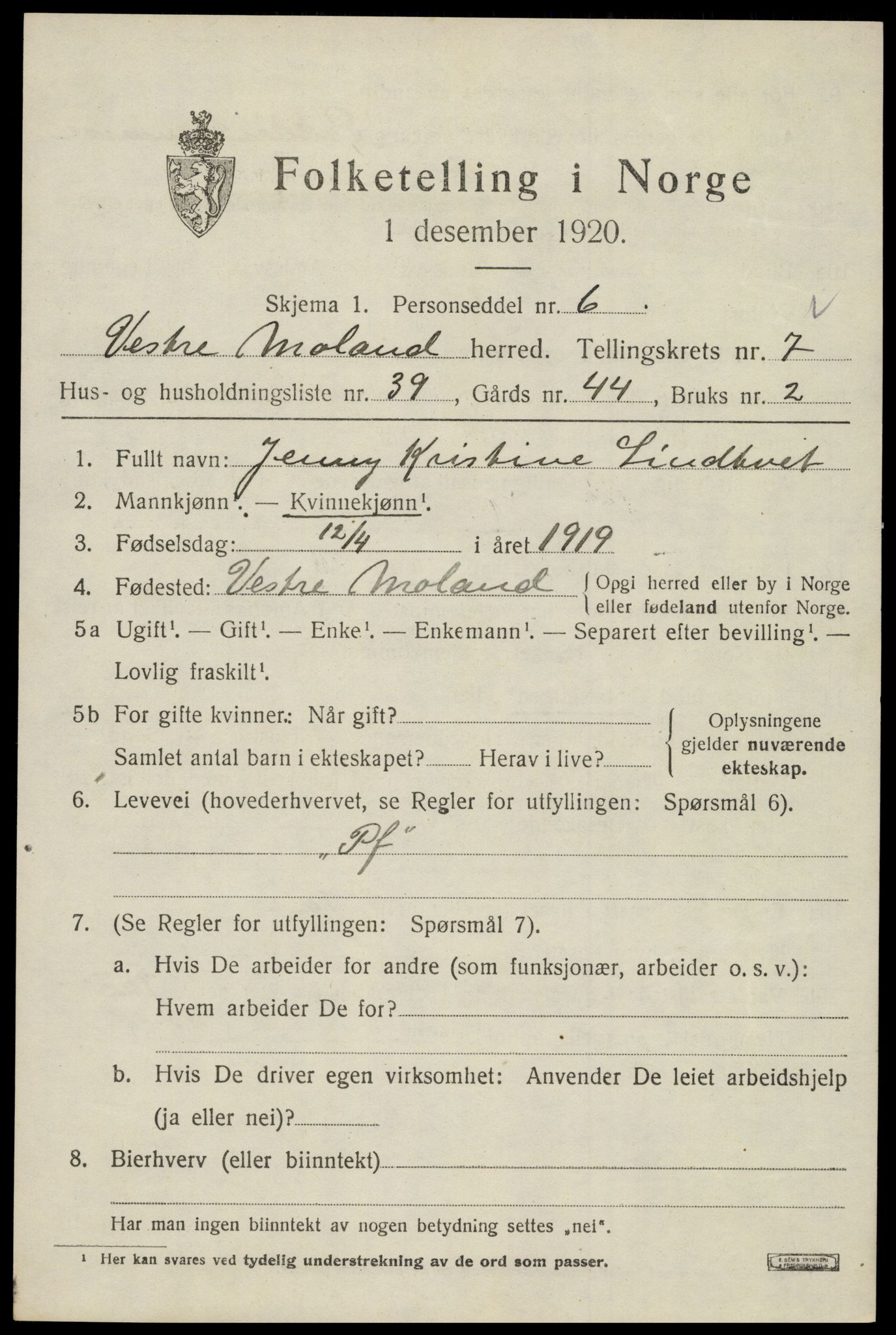 SAK, 1920 census for Vestre Moland, 1920, p. 5205