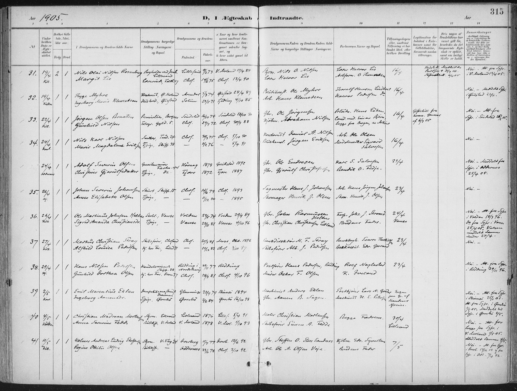 Kristiansand domprosti, AV/SAK-1112-0006/F/Fa/L0021: Parish register (official) no. A 20, 1898-1908, p. 315