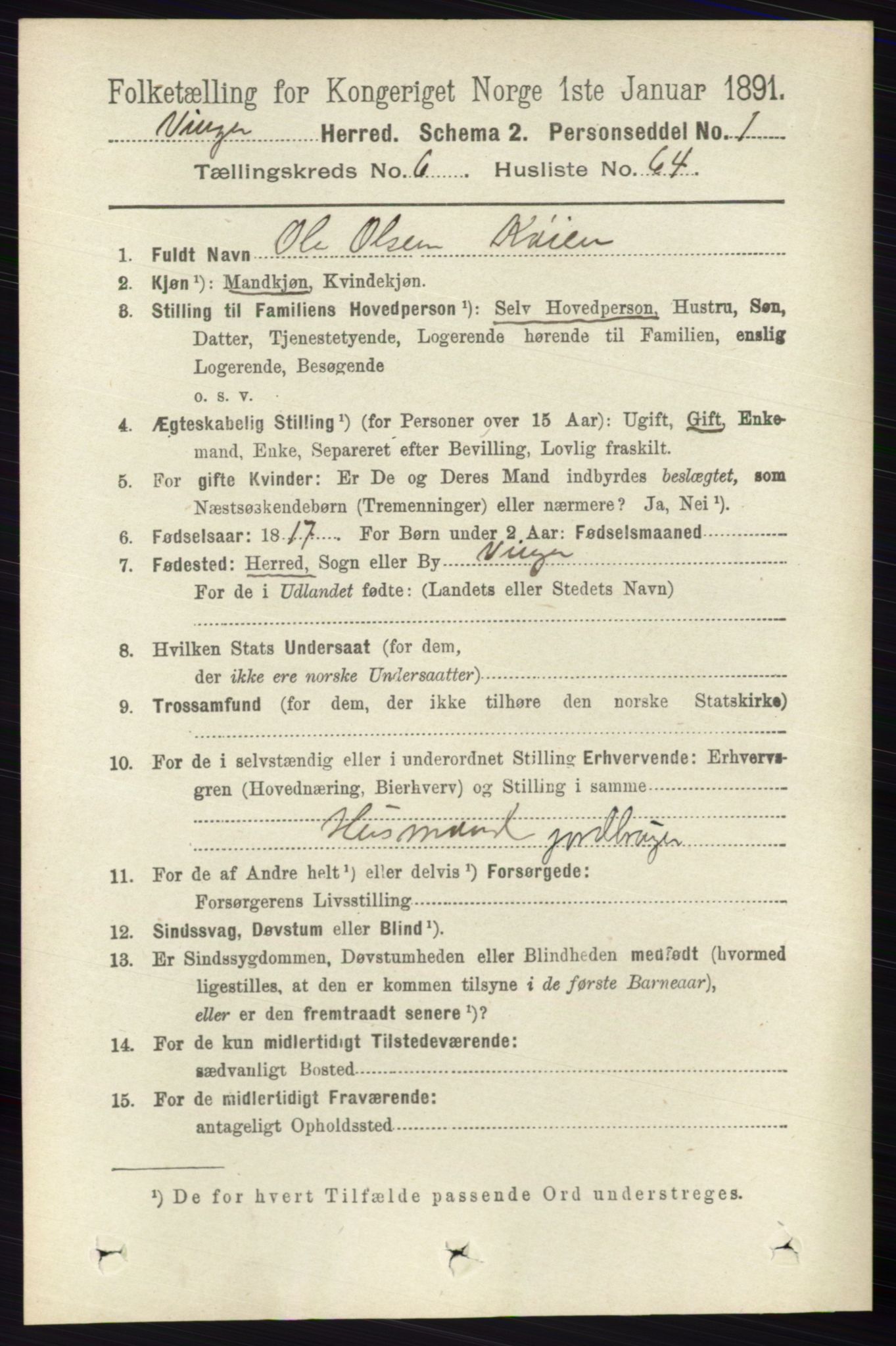 RA, 1891 census for 0421 Vinger, 1891, p. 2980