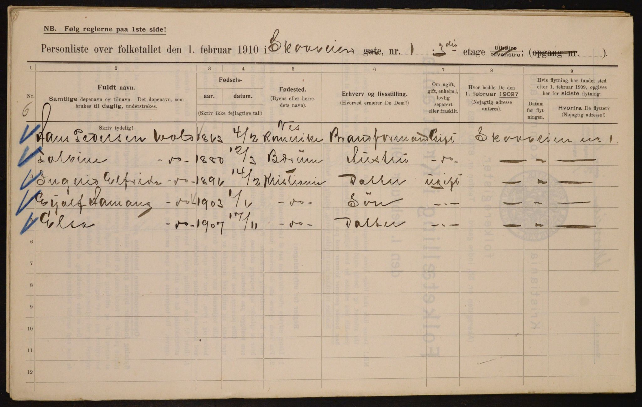 OBA, Municipal Census 1910 for Kristiania, 1910, p. 91915