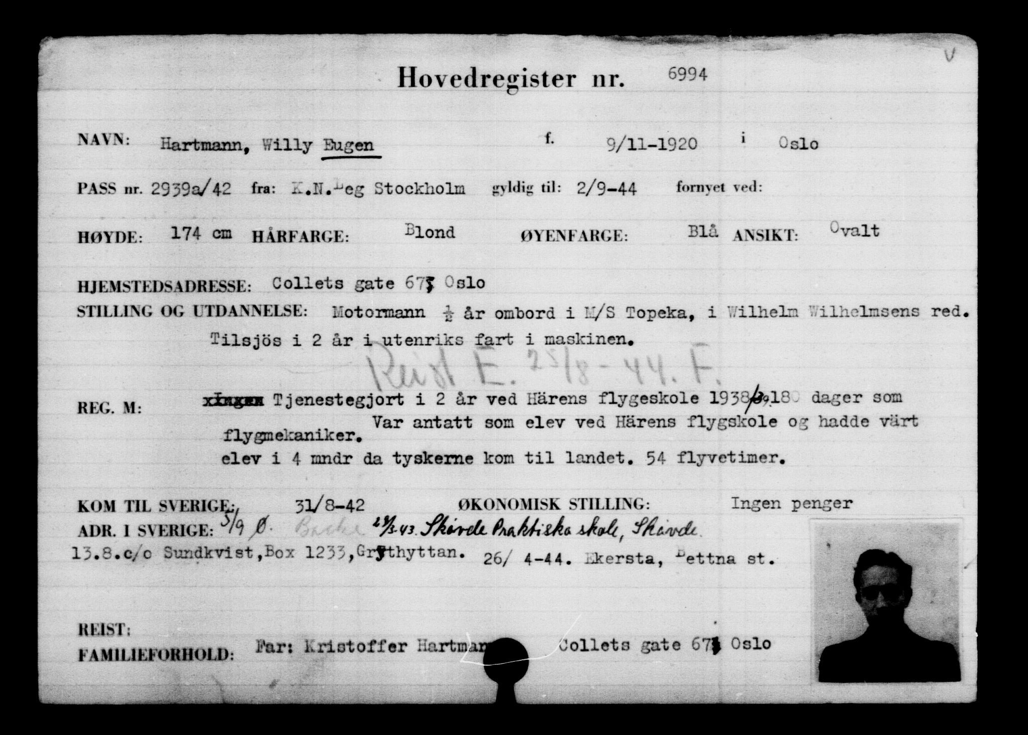 Utenriksstasjonene, Legasjonen i Stockholm, Flyktningkontoret, AV/RA-S-6753/V/Va/L0005: Kjesäterkartoteket, flyktninger med registreringsnr. 6600-9417, 1940-1945, p. 474