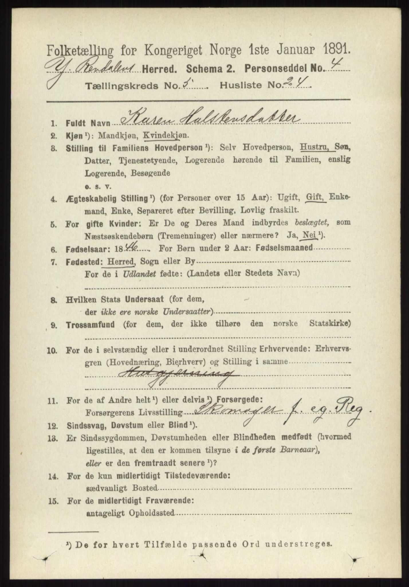 RA, 1891 census for 0432 Ytre Rendal, 1891, p. 1408