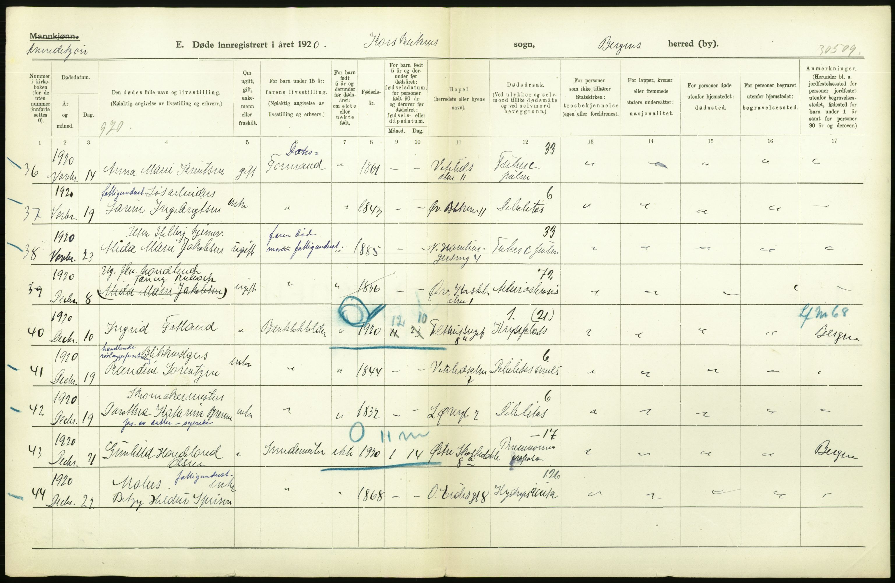 Statistisk sentralbyrå, Sosiodemografiske emner, Befolkning, AV/RA-S-2228/D/Df/Dfb/Dfbj/L0042: Bergen: Gifte, døde, dødfødte., 1920, p. 628