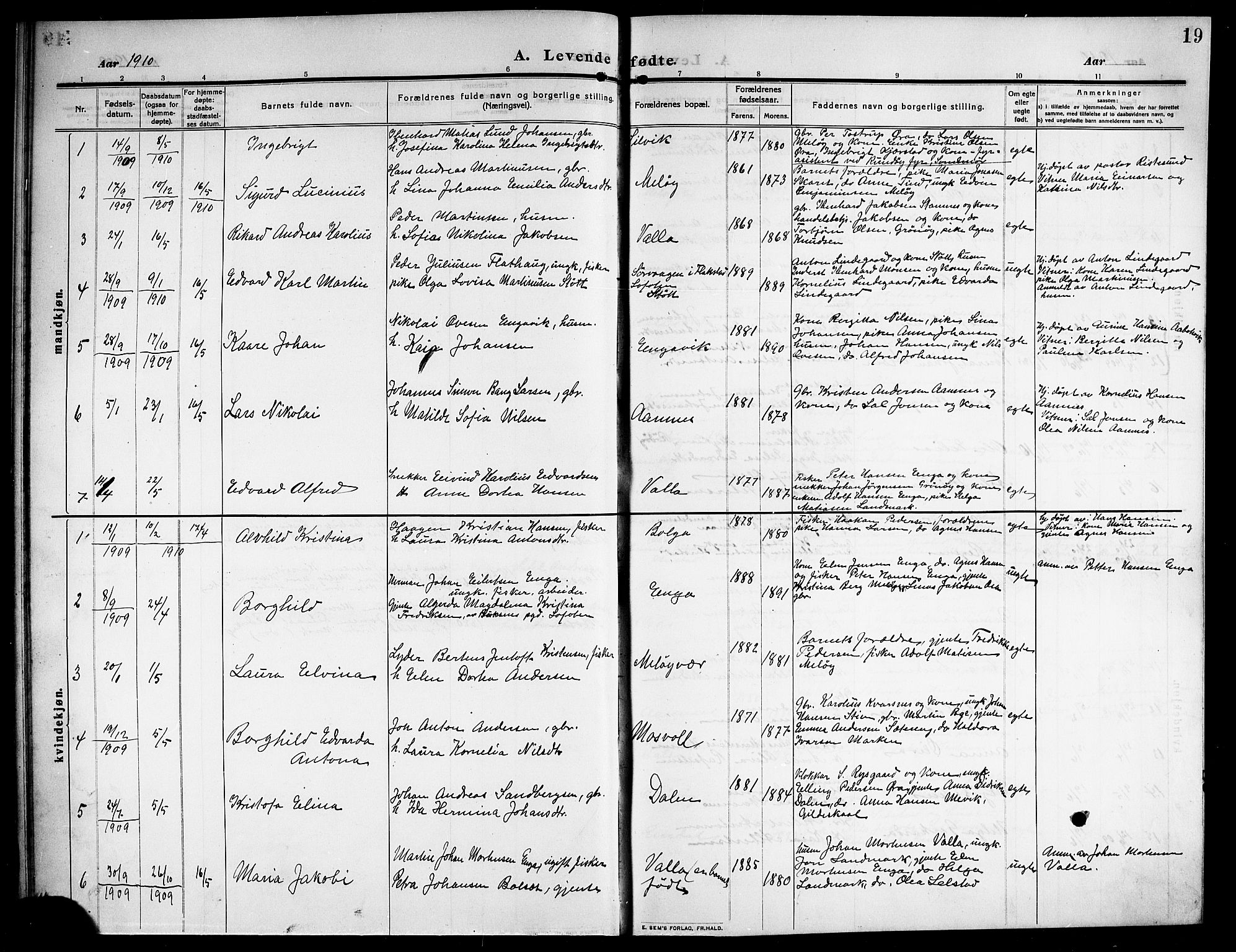 Ministerialprotokoller, klokkerbøker og fødselsregistre - Nordland, SAT/A-1459/843/L0639: Parish register (copy) no. 843C08, 1908-1924, p. 19