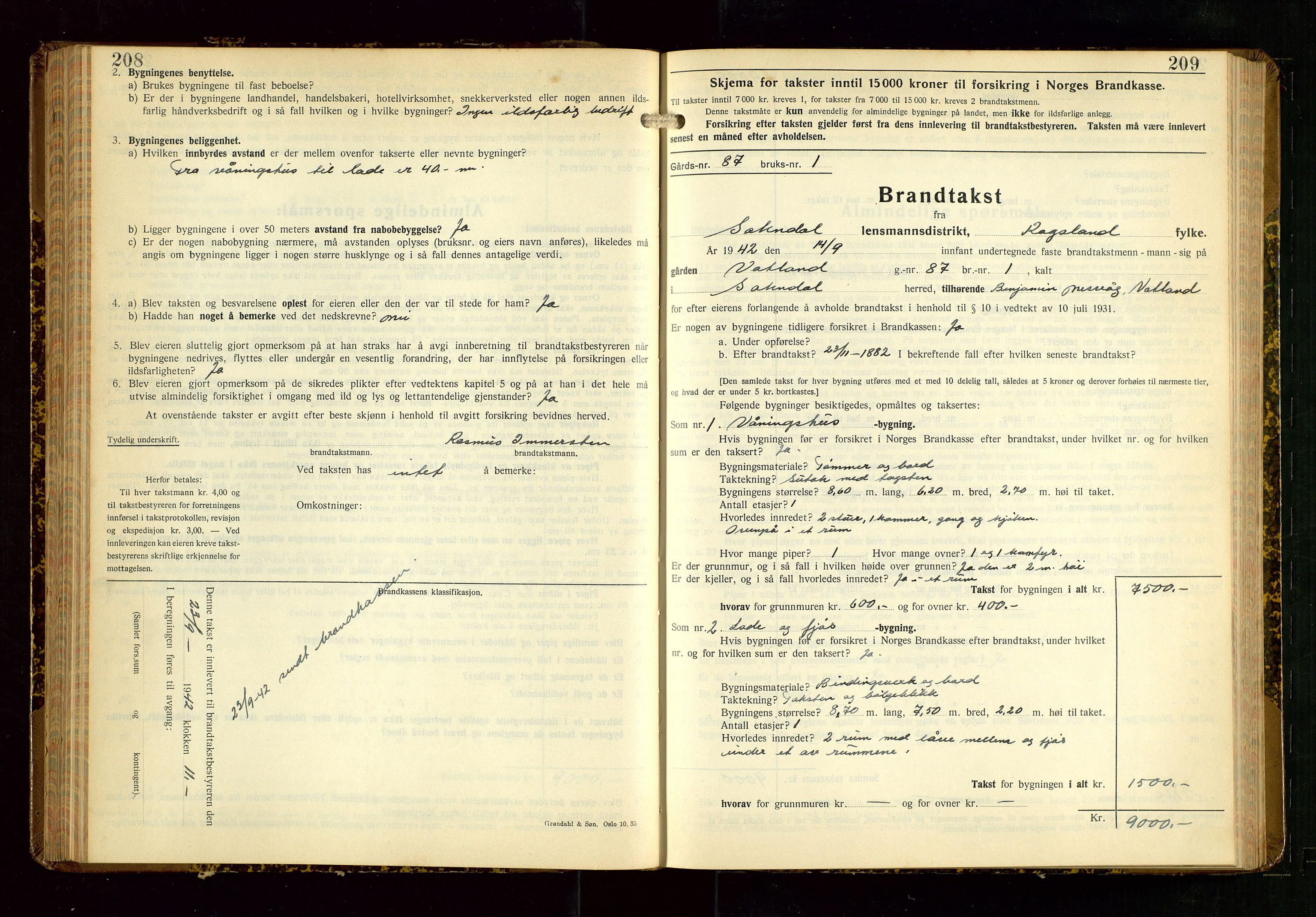 Sokndal lensmannskontor, SAST/A-100417/Gob/L0008: "Brandtakst-Protokoll", 1937-1955, p. 208-209