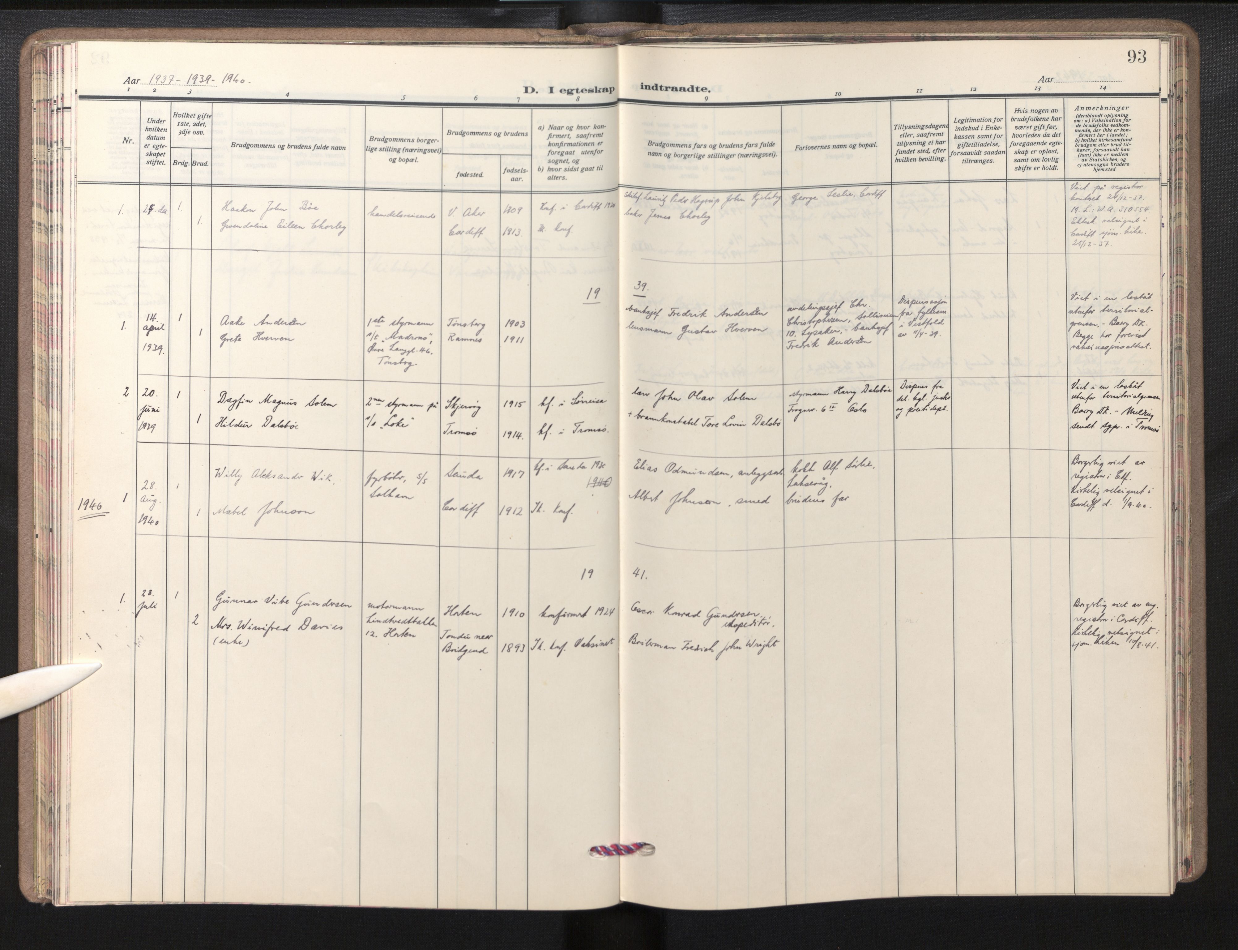 Den norske sjømannsmisjon i utlandet/Bristolhavnene(Cardiff-Swansea), SAB/SAB/PA-0102/H/Ha/Haa/L0003: Parish register (official) no. A 3, 1932-1966, p. 92b-93a