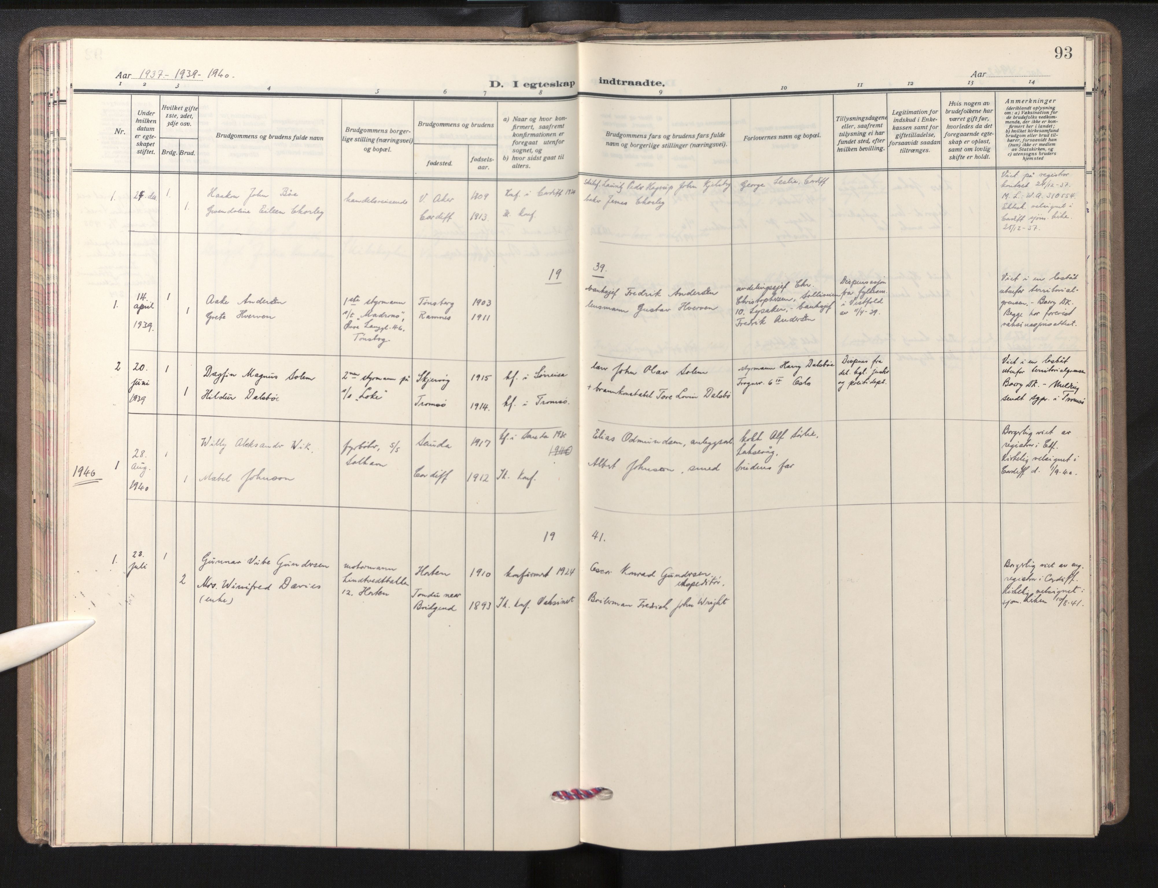 Den norske sjømannsmisjon i utlandet/Bristolhavnene(Cardiff-Swansea), AV/SAB-SAB/PA-0102/H/Ha/Haa/L0003: Parish register (official) no. A 3, 1932-1966, p. 92b-93a