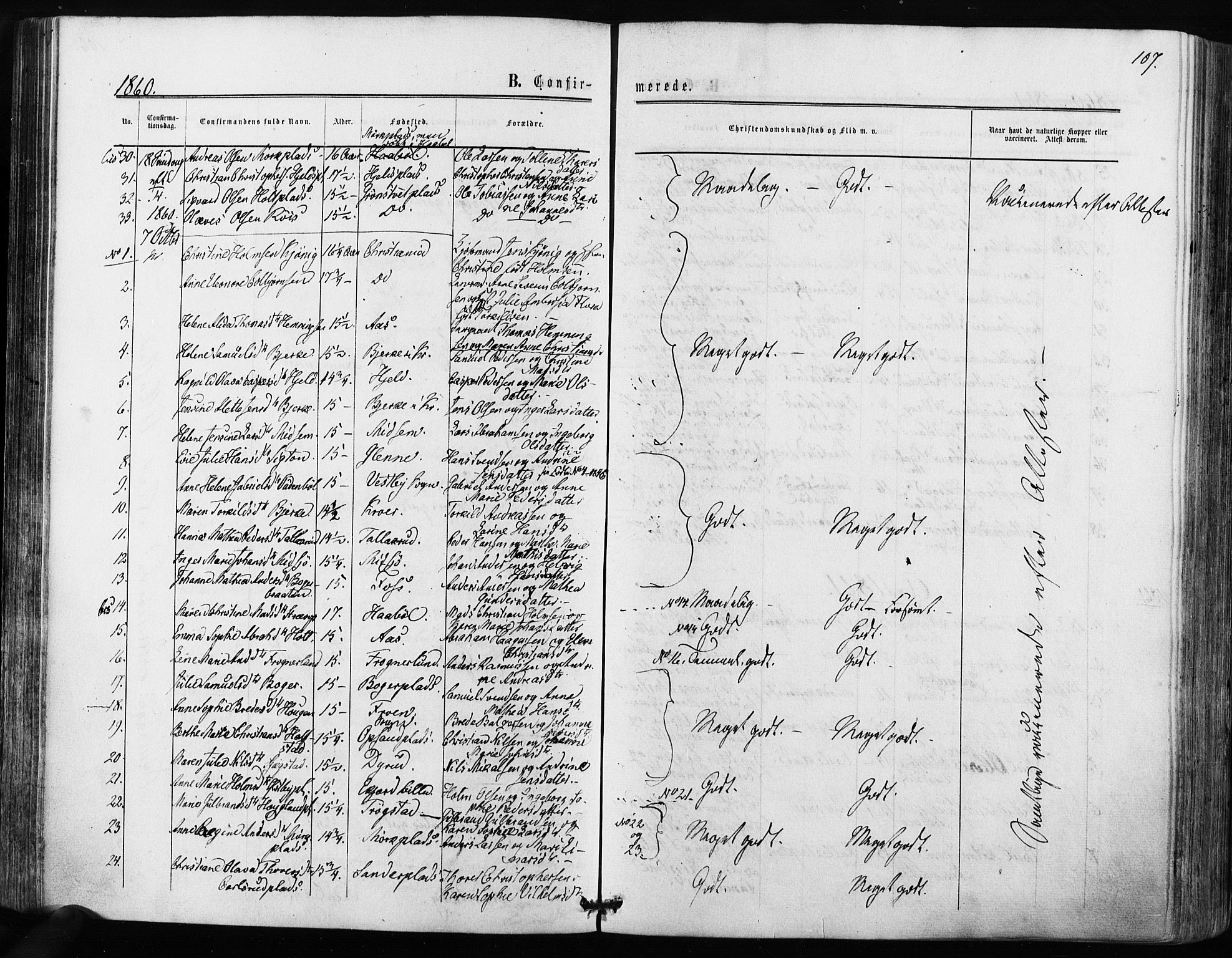 Kråkstad prestekontor Kirkebøker, SAO/A-10125a/F/Fa/L0007: Parish register (official) no. I 7, 1858-1870, p. 107