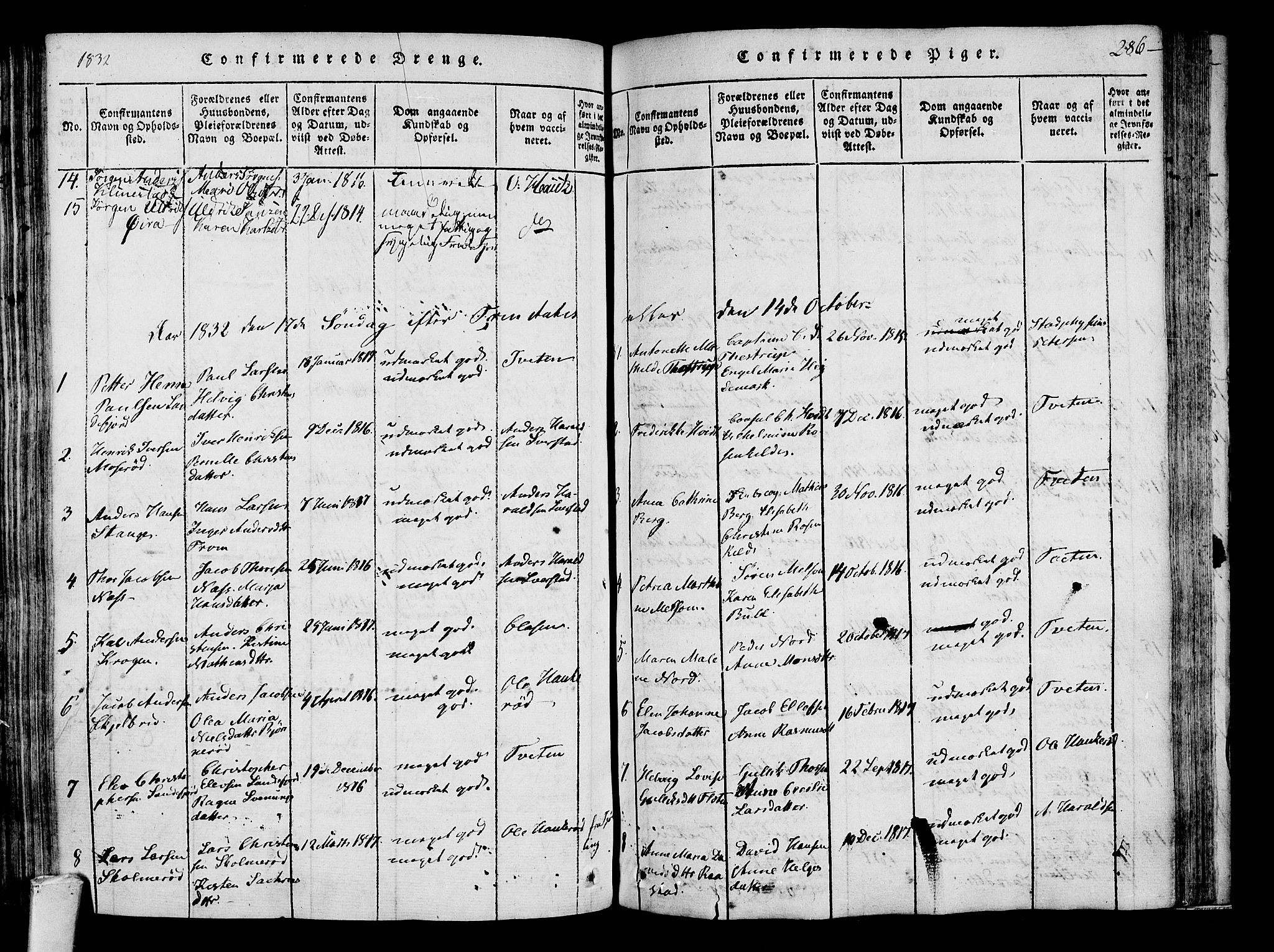 Sandar kirkebøker, SAKO/A-243/F/Fa/L0004: Parish register (official) no. 4, 1814-1832, p. 286