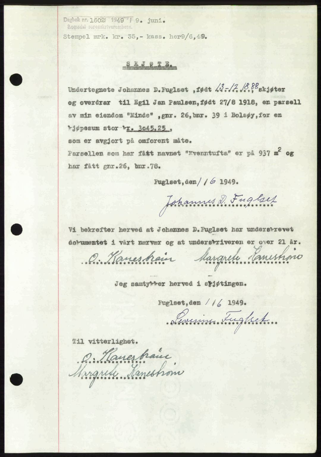 Romsdal sorenskriveri, AV/SAT-A-4149/1/2/2C: Mortgage book no. A30, 1949-1949, Diary no: : 1602/1949