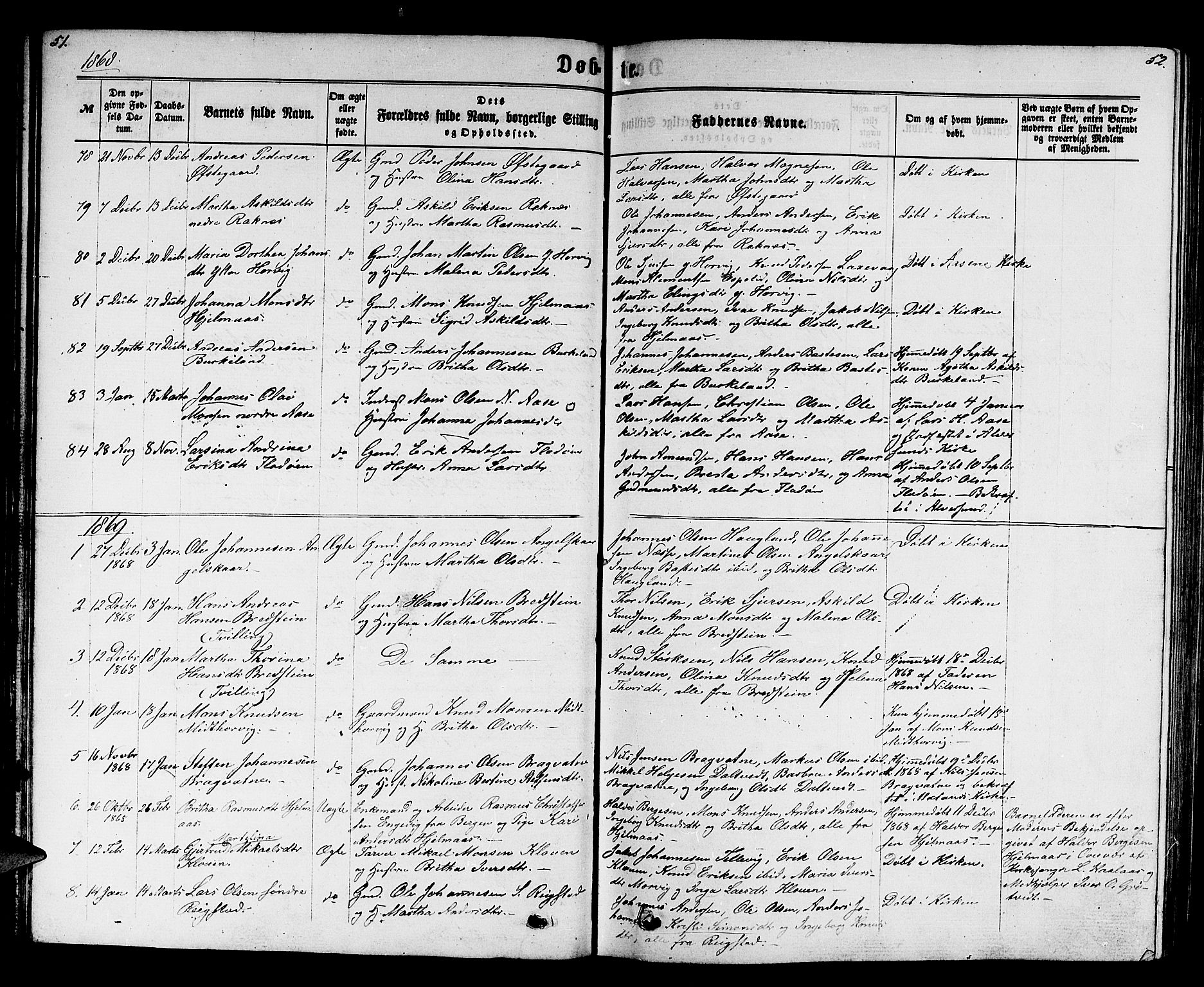 Hamre sokneprestembete, SAB/A-75501/H/Ha/Hab: Parish register (copy) no. B 2, 1863-1880, p. 51-52