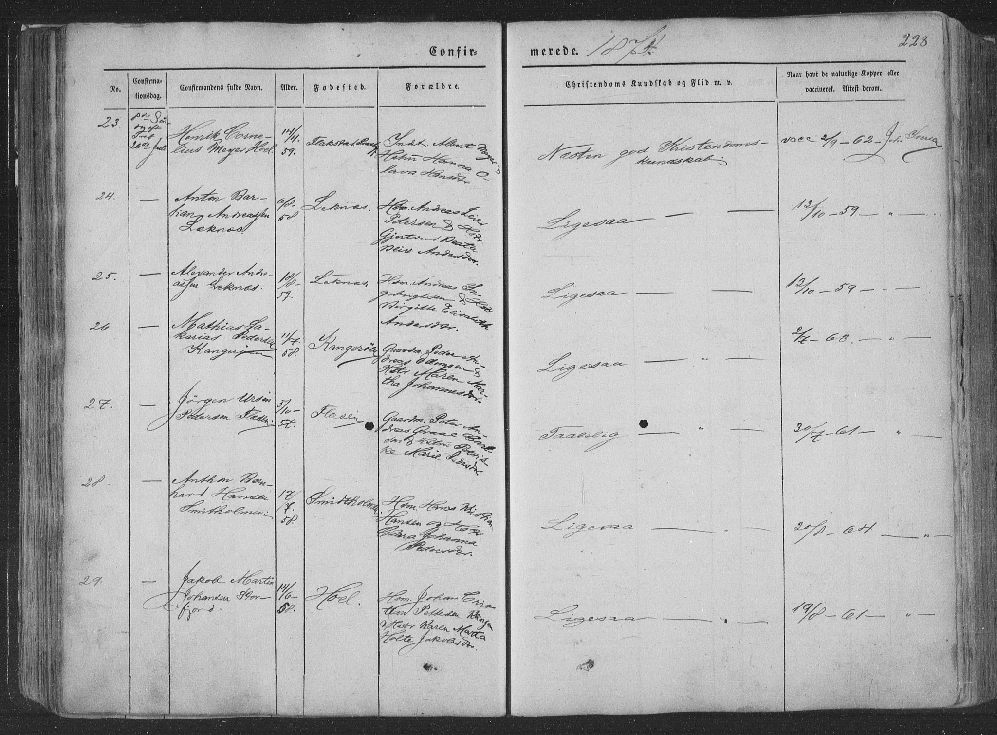 Ministerialprotokoller, klokkerbøker og fødselsregistre - Nordland, AV/SAT-A-1459/881/L1165: Parish register (copy) no. 881C02, 1854-1876, p. 228