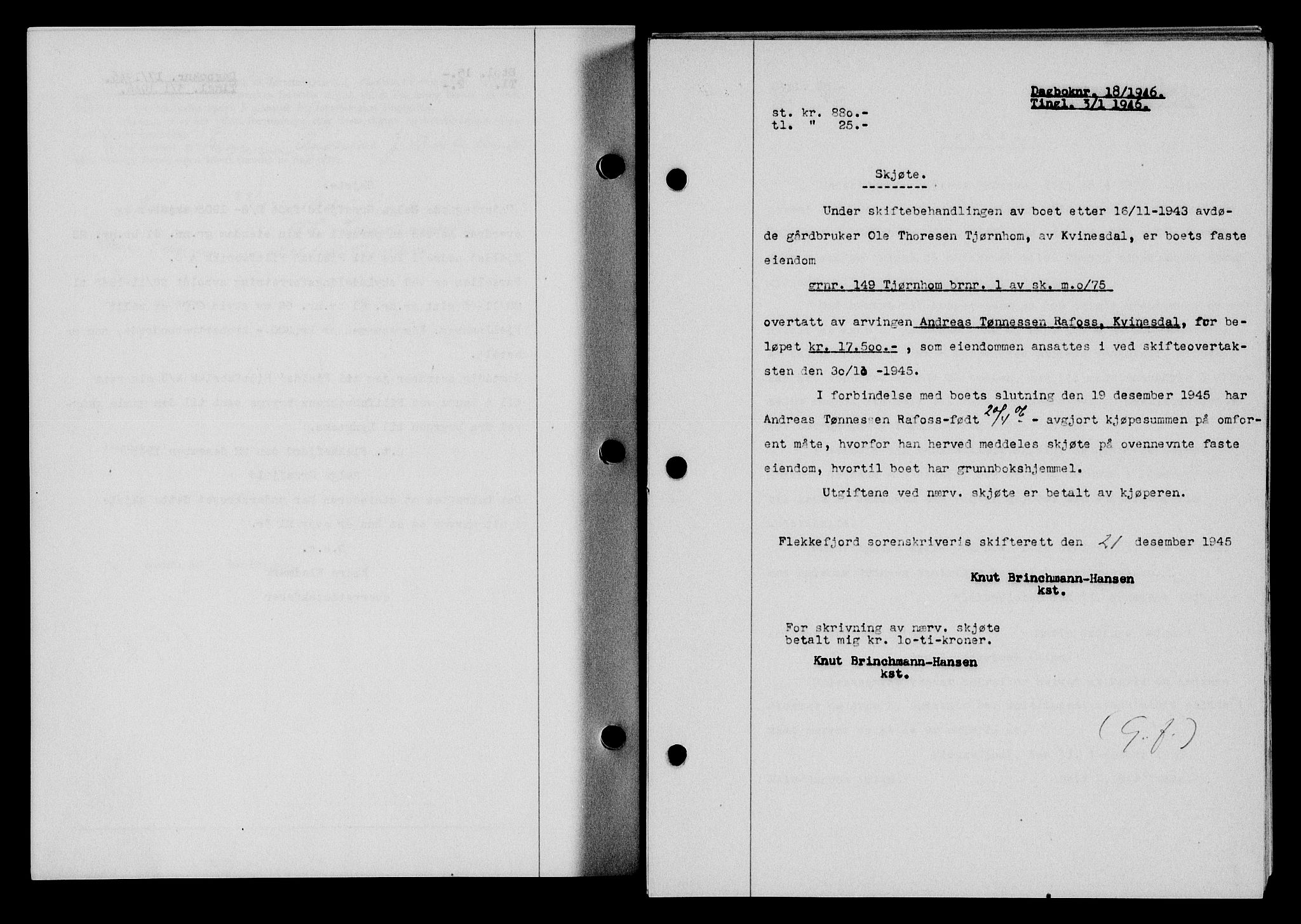 Flekkefjord sorenskriveri, SAK/1221-0001/G/Gb/Gba/L0060: Mortgage book no. A-8, 1945-1946, Diary no: : 18/1946