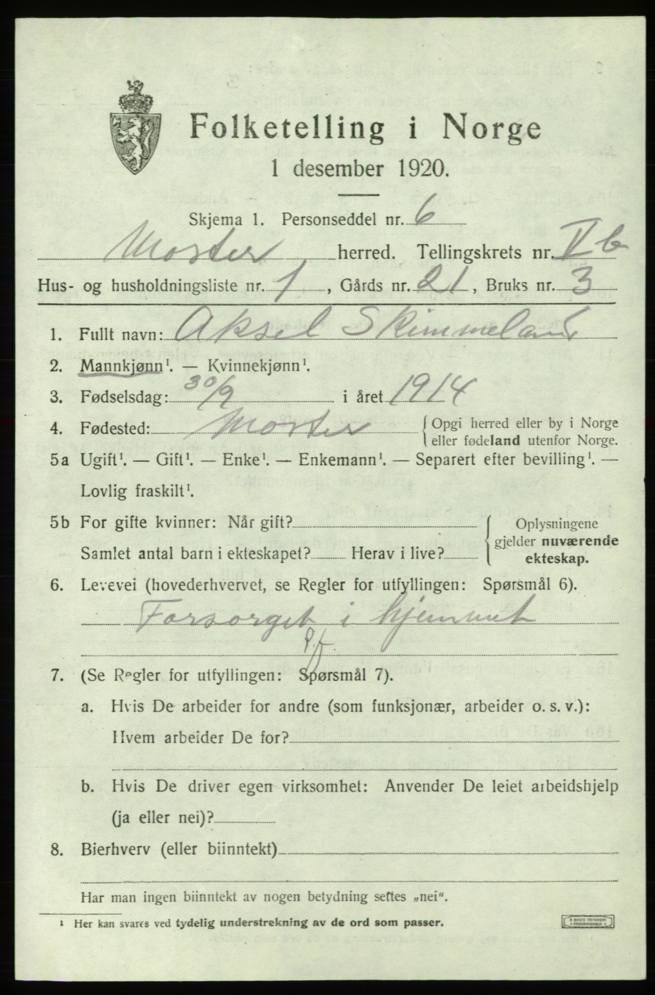 SAB, 1920 census for Moster, 1920, p. 1867