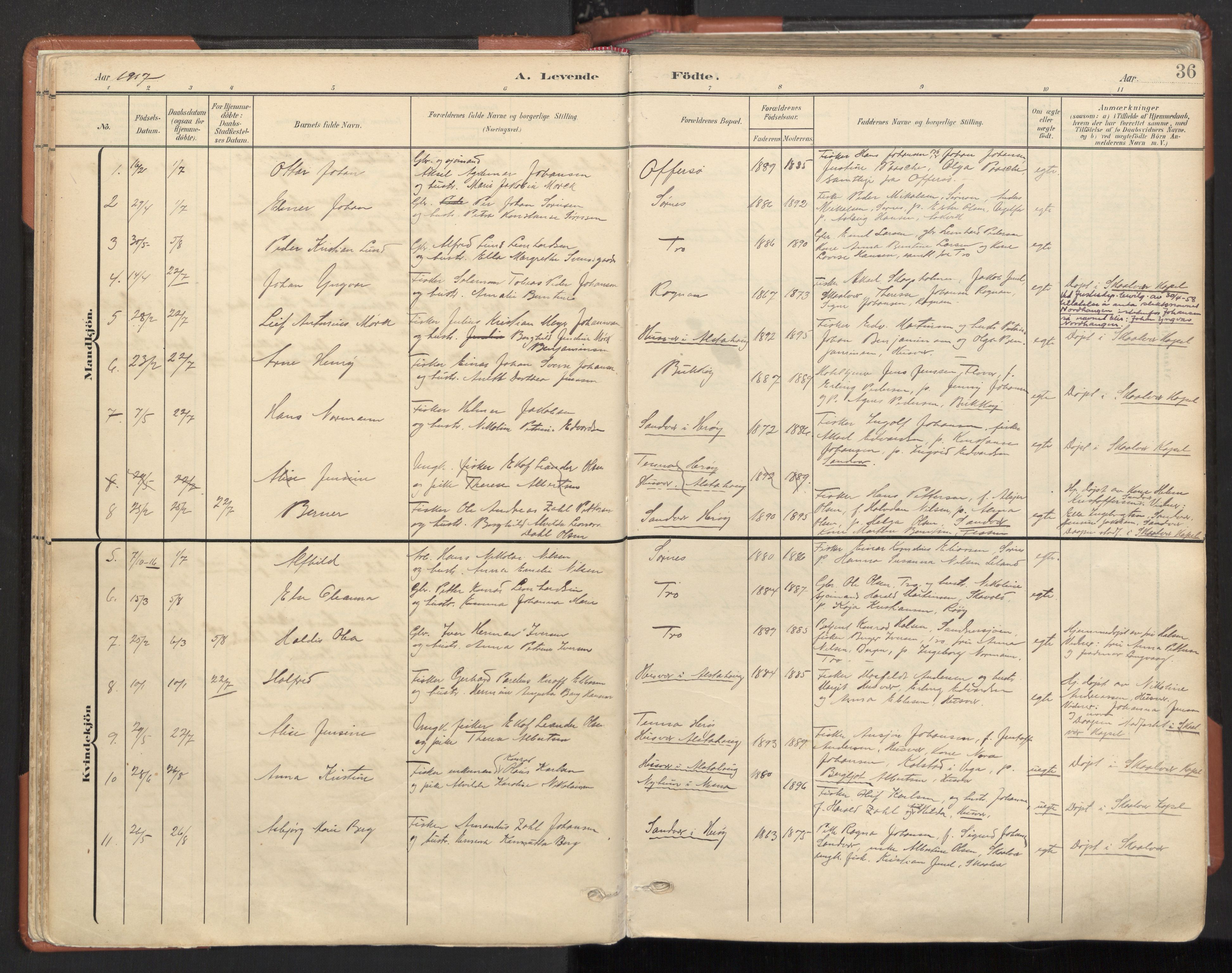 Ministerialprotokoller, klokkerbøker og fødselsregistre - Nordland, SAT/A-1459/817/L0265: Parish register (official) no. 817A05, 1908-1944, p. 36