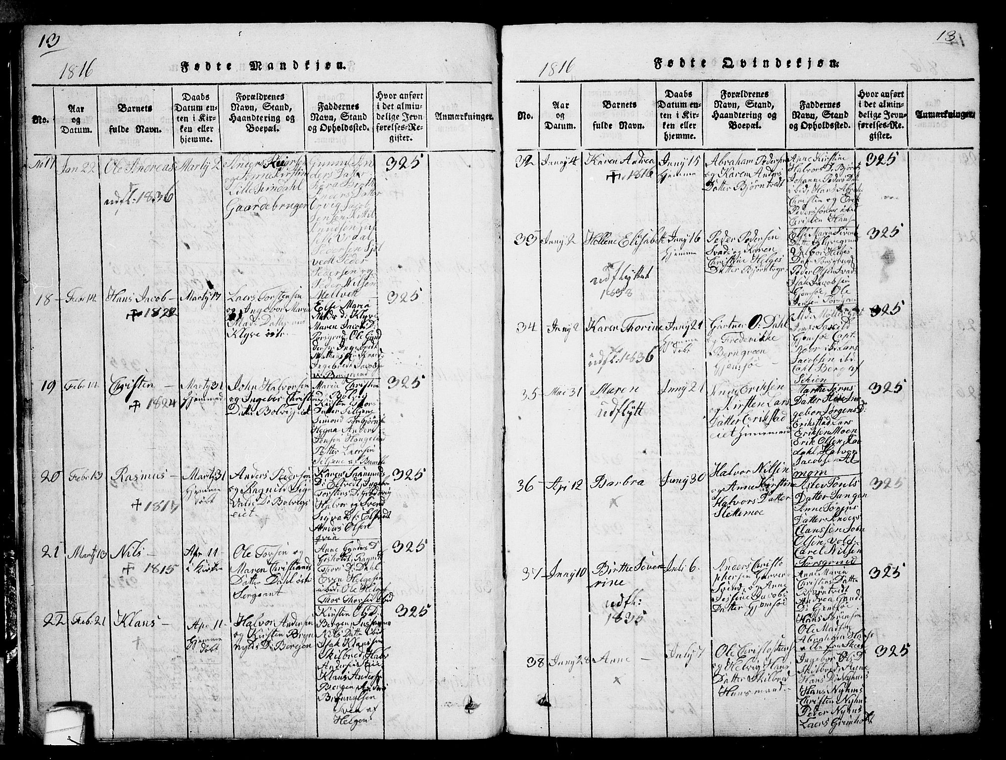 Solum kirkebøker, AV/SAKO-A-306/G/Ga/L0001: Parish register (copy) no. I 1, 1814-1833, p. 13