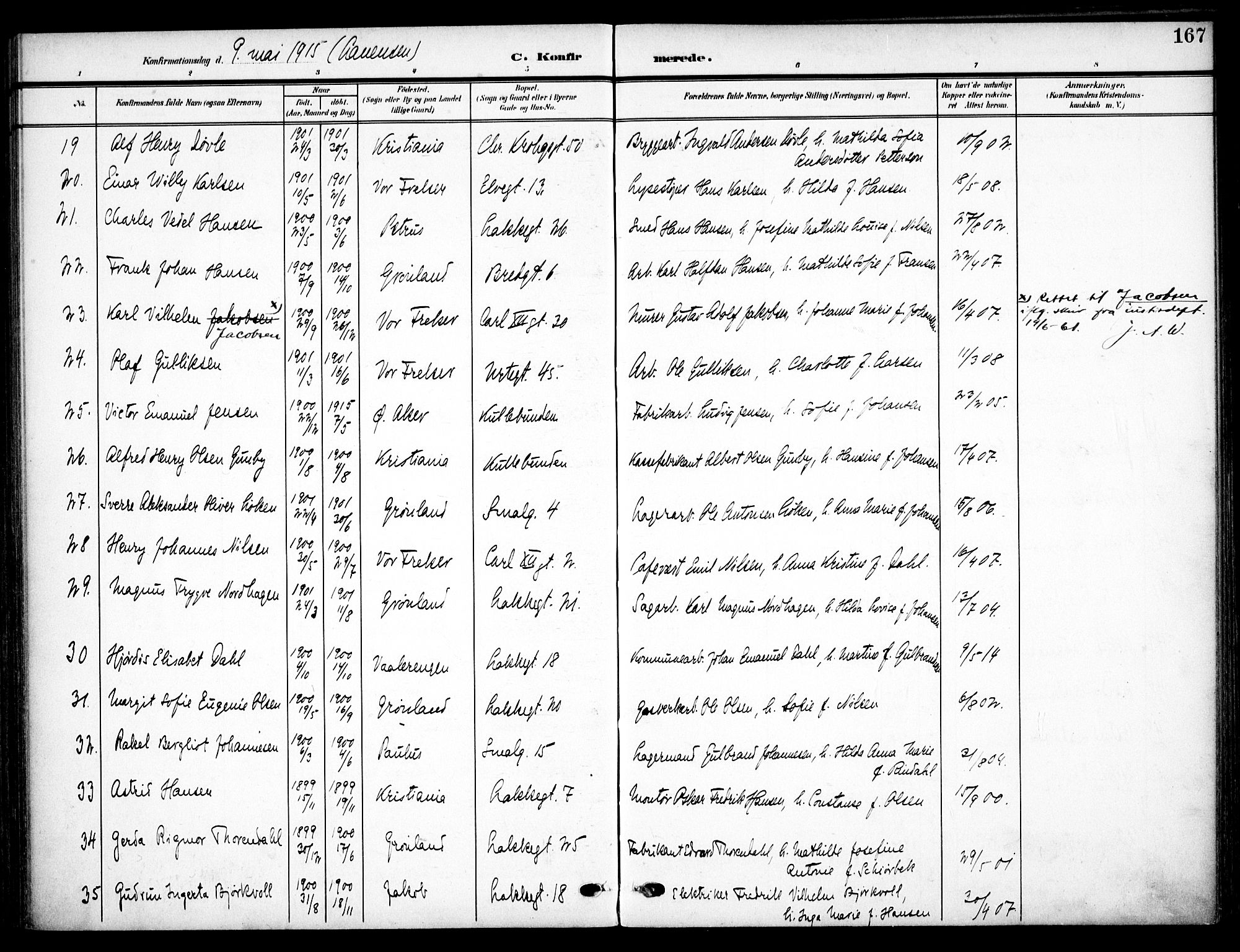 Vaterland prestekontor Kirkebøker, AV/SAO-A-10880/F/Fa/L0001: Parish register (official) no. 1, 1907-1930, p. 167