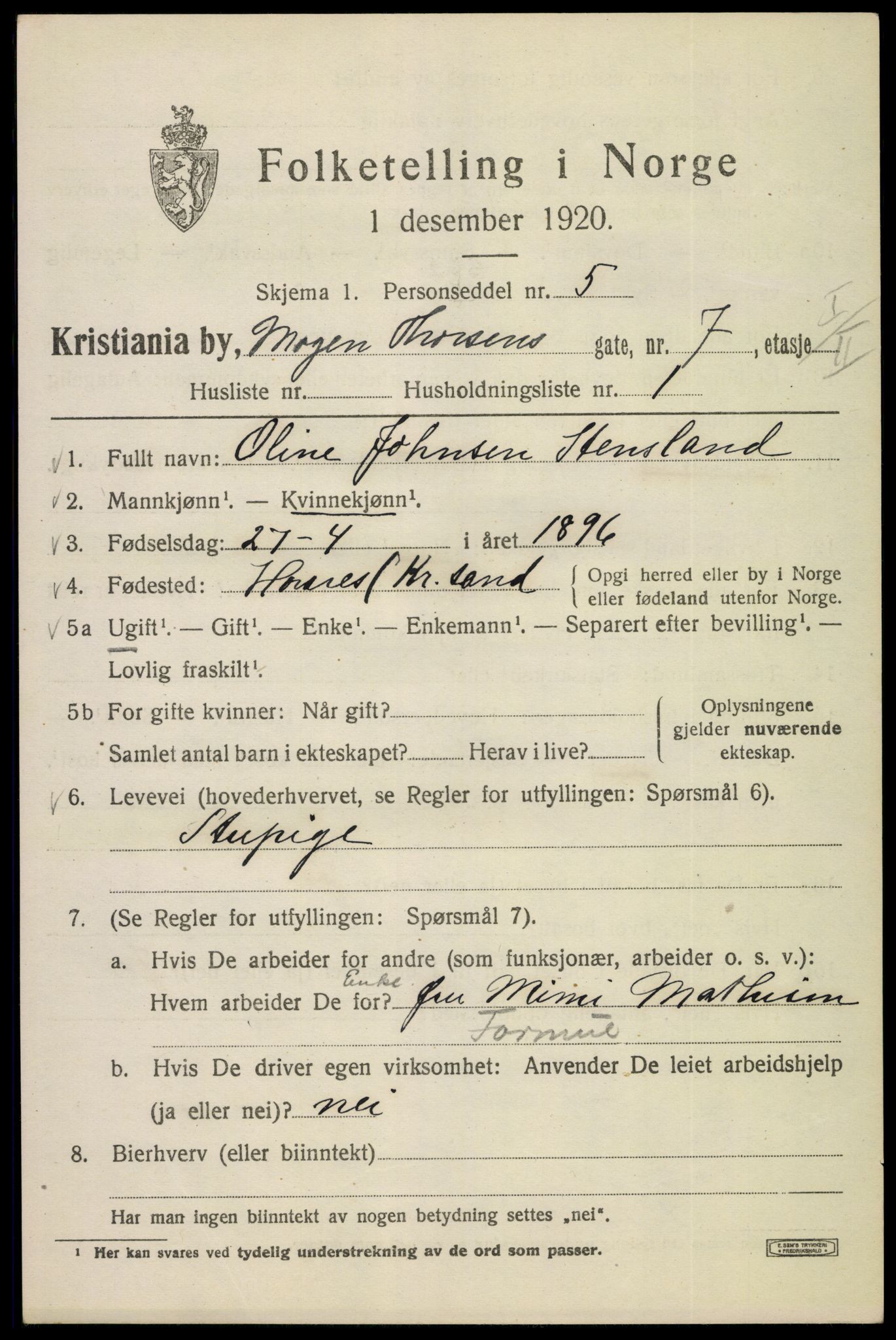 SAO, 1920 census for Kristiania, 1920, p. 396283