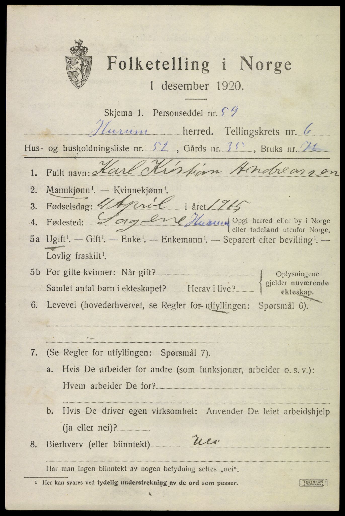 SAKO, 1920 census for Hurum, 1920, p. 8152