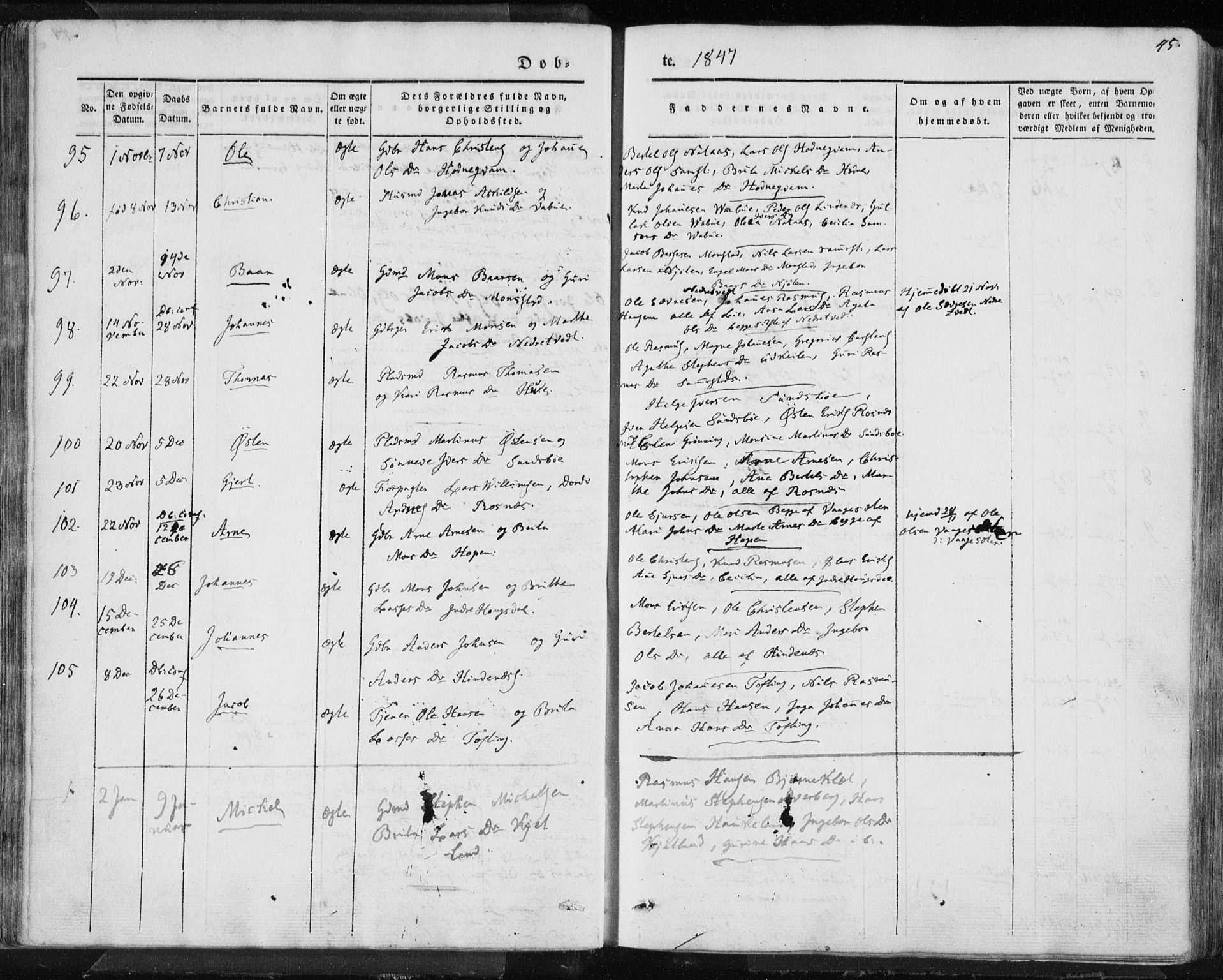 Lindås Sokneprestembete, SAB/A-76701/H/Haa: Parish register (official) no. A 10, 1842-1862, p. 45