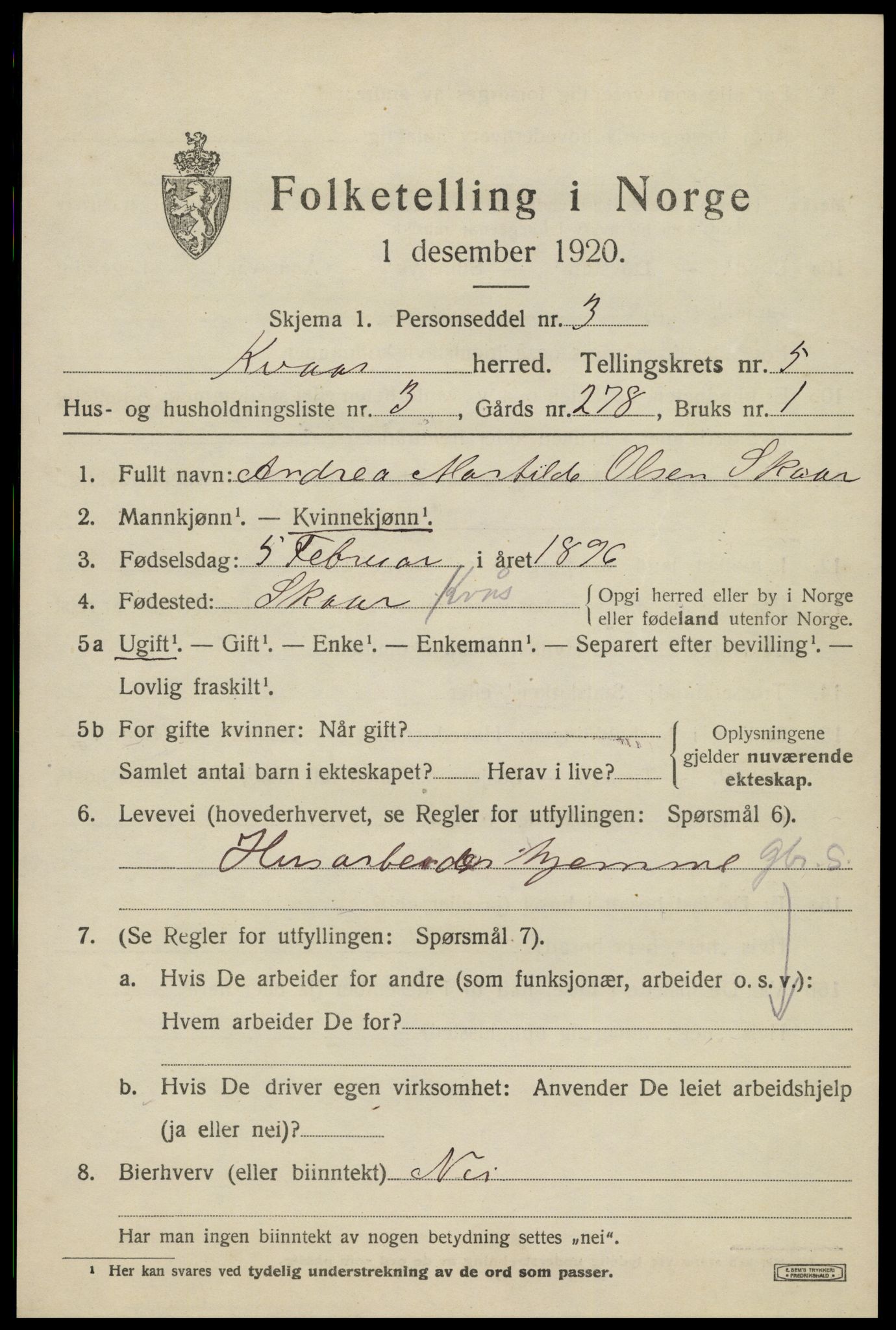 SAK, 1920 census for Kvås, 1920, p. 1308