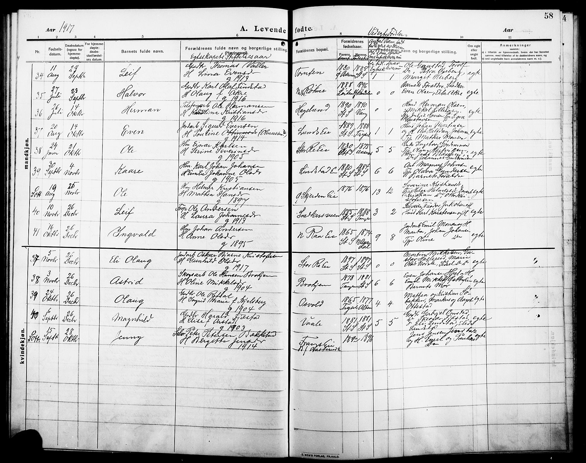 Stange prestekontor, AV/SAH-PREST-002/L/L0014: Parish register (copy) no. 14, 1909-1917, p. 58