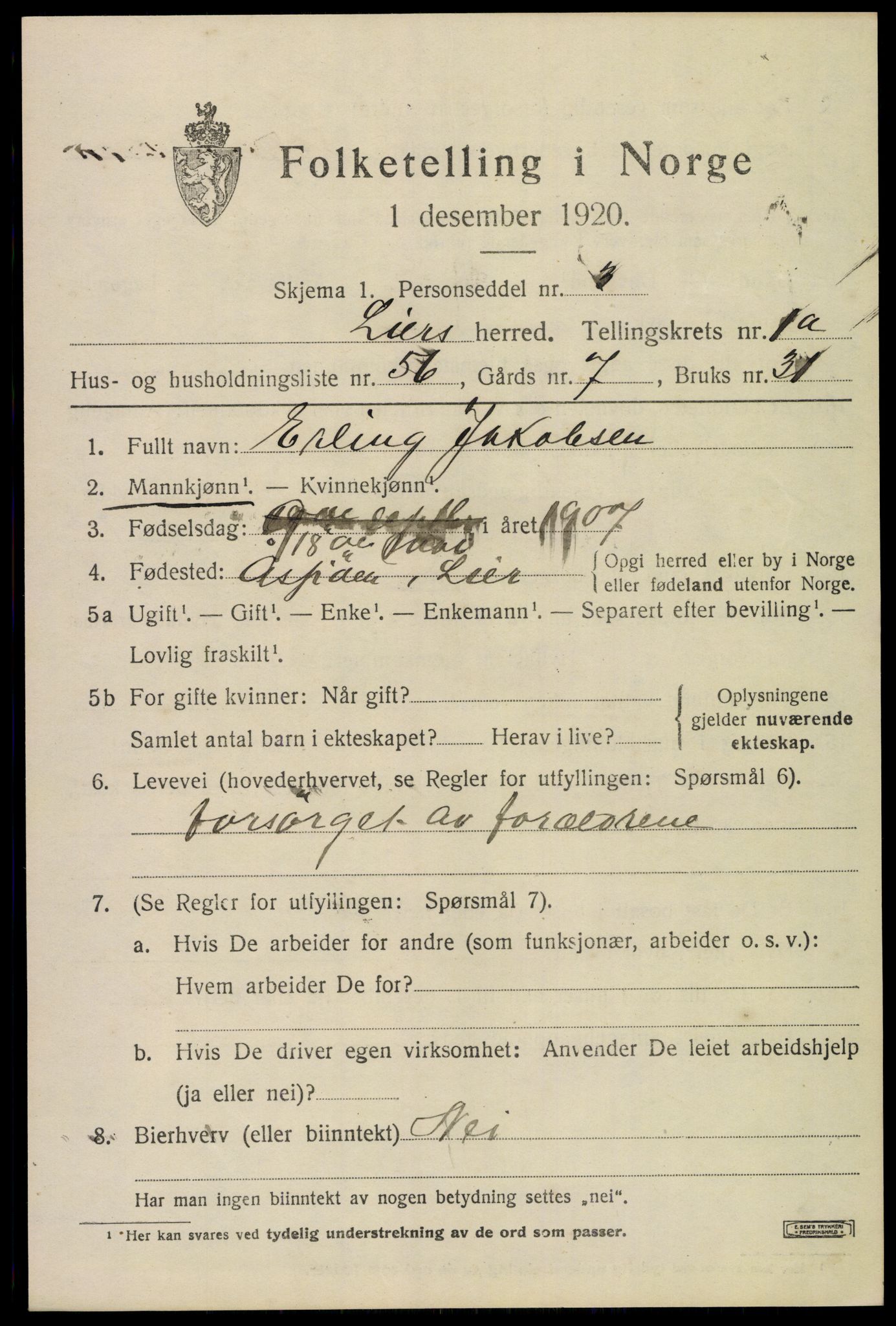 SAKO, 1920 census for Lier, 1920, p. 4106