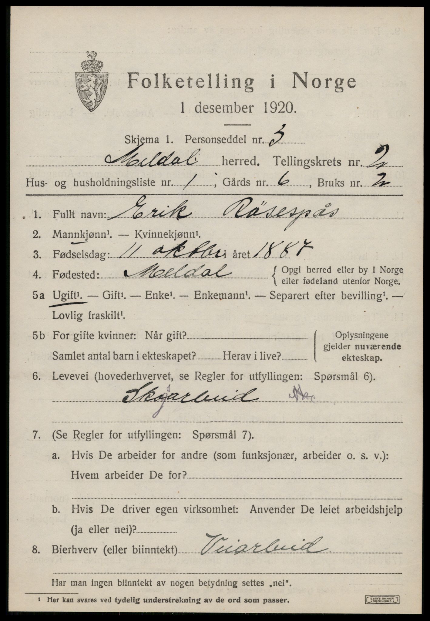 SAT, 1920 census for Meldal, 1920, p. 2025