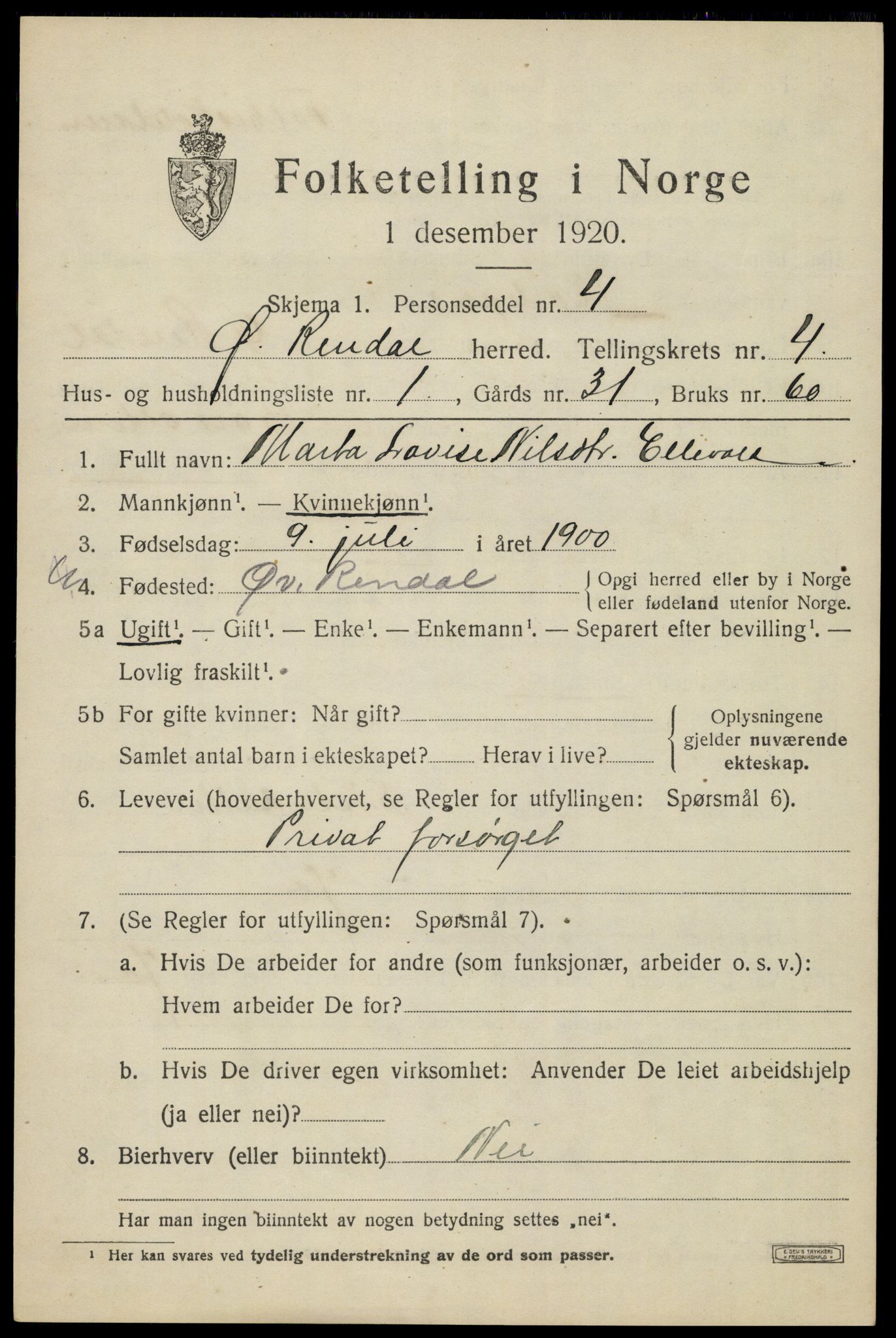 SAH, 1920 census for Øvre Rendal, 1920, p. 1587