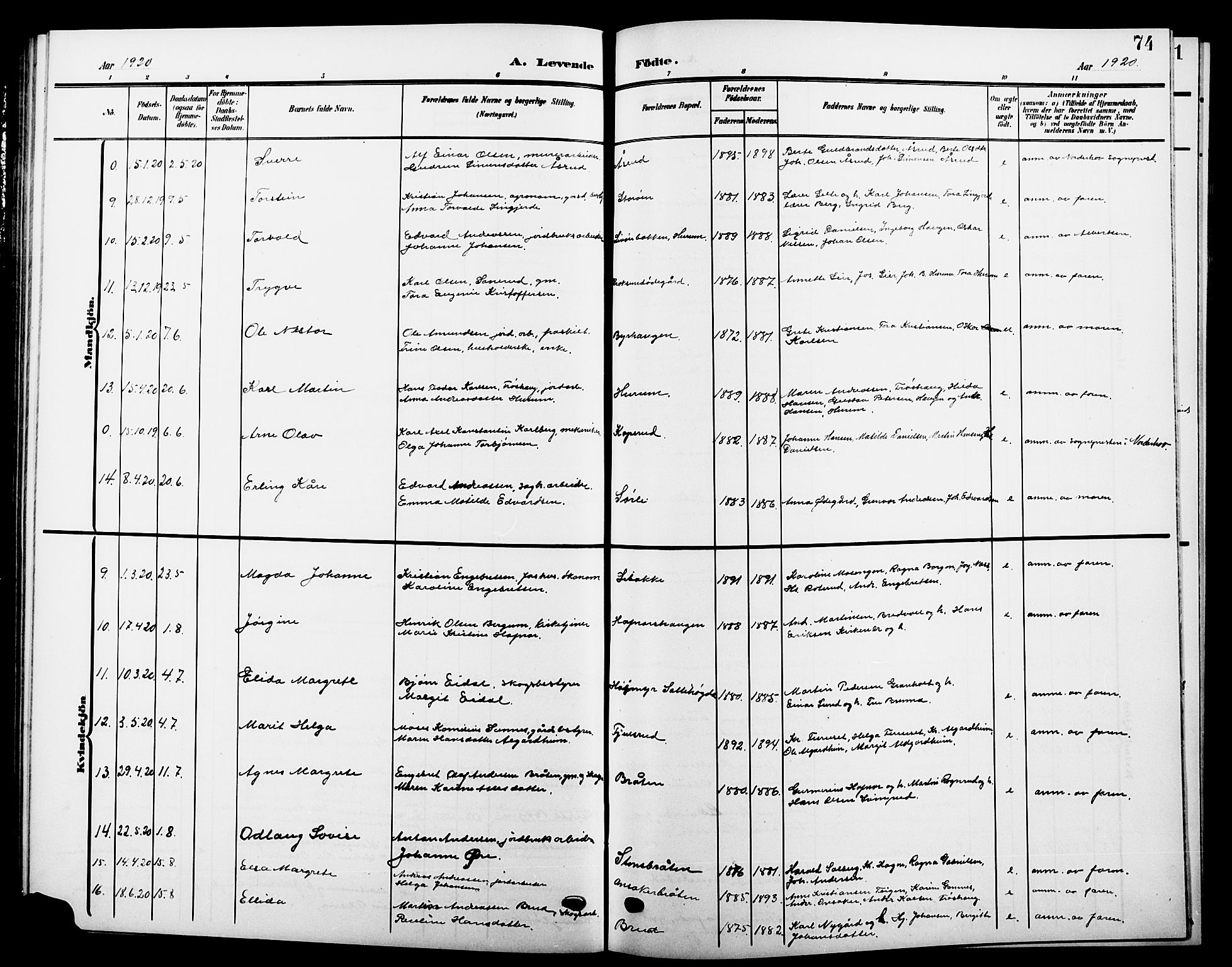 Hole kirkebøker, SAKO/A-228/G/Ga/L0004: Parish register (copy) no. I 4, 1905-1924, p. 74