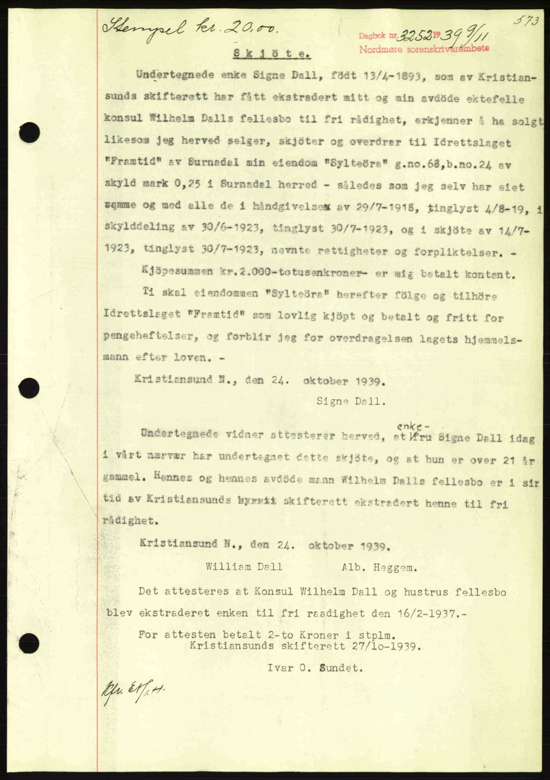 Nordmøre sorenskriveri, AV/SAT-A-4132/1/2/2Ca: Mortgage book no. A87, 1939-1940, Diary no: : 3252/1939