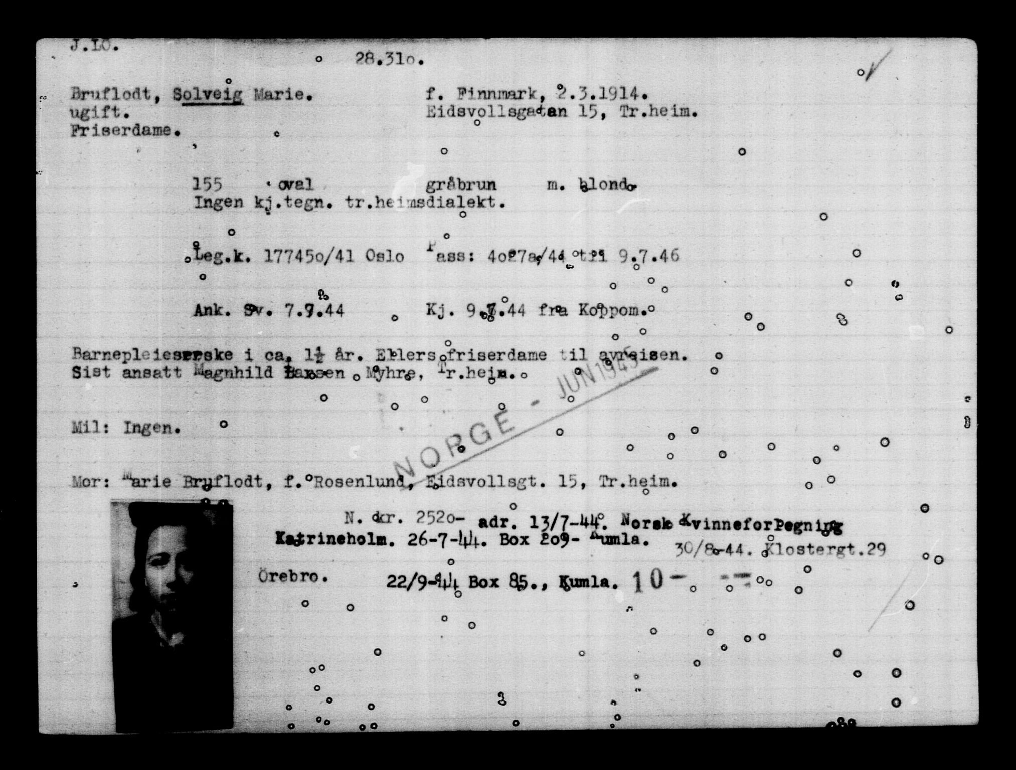 Den Kgl. Norske Legasjons Flyktningskontor, RA/S-6753/V/Va/L0012: Kjesäterkartoteket.  Flyktningenr. 28300-31566, 1940-1945, p. 12