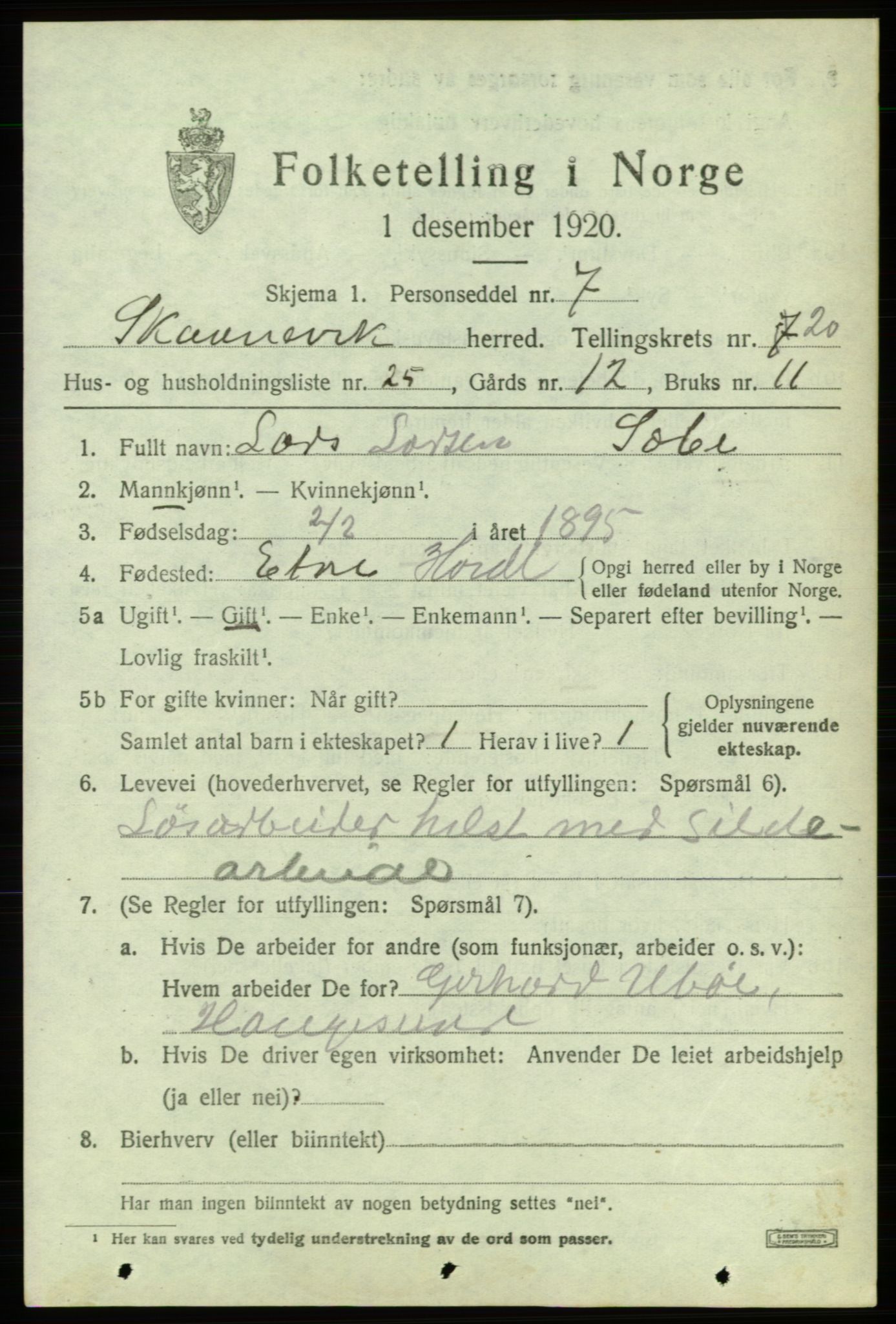 SAB, 1920 census for Skånevik, 1920, p. 7753