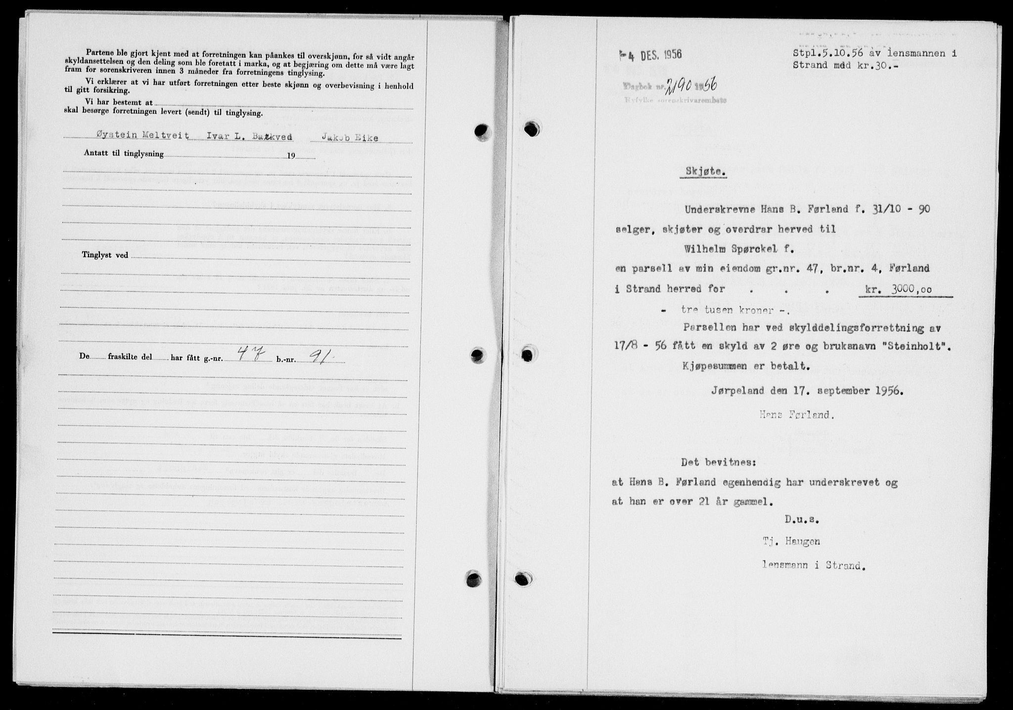 Ryfylke tingrett, SAST/A-100055/001/II/IIB/L0135: Mortgage book no. 114, 1956-1957, Diary no: : 2190/1956