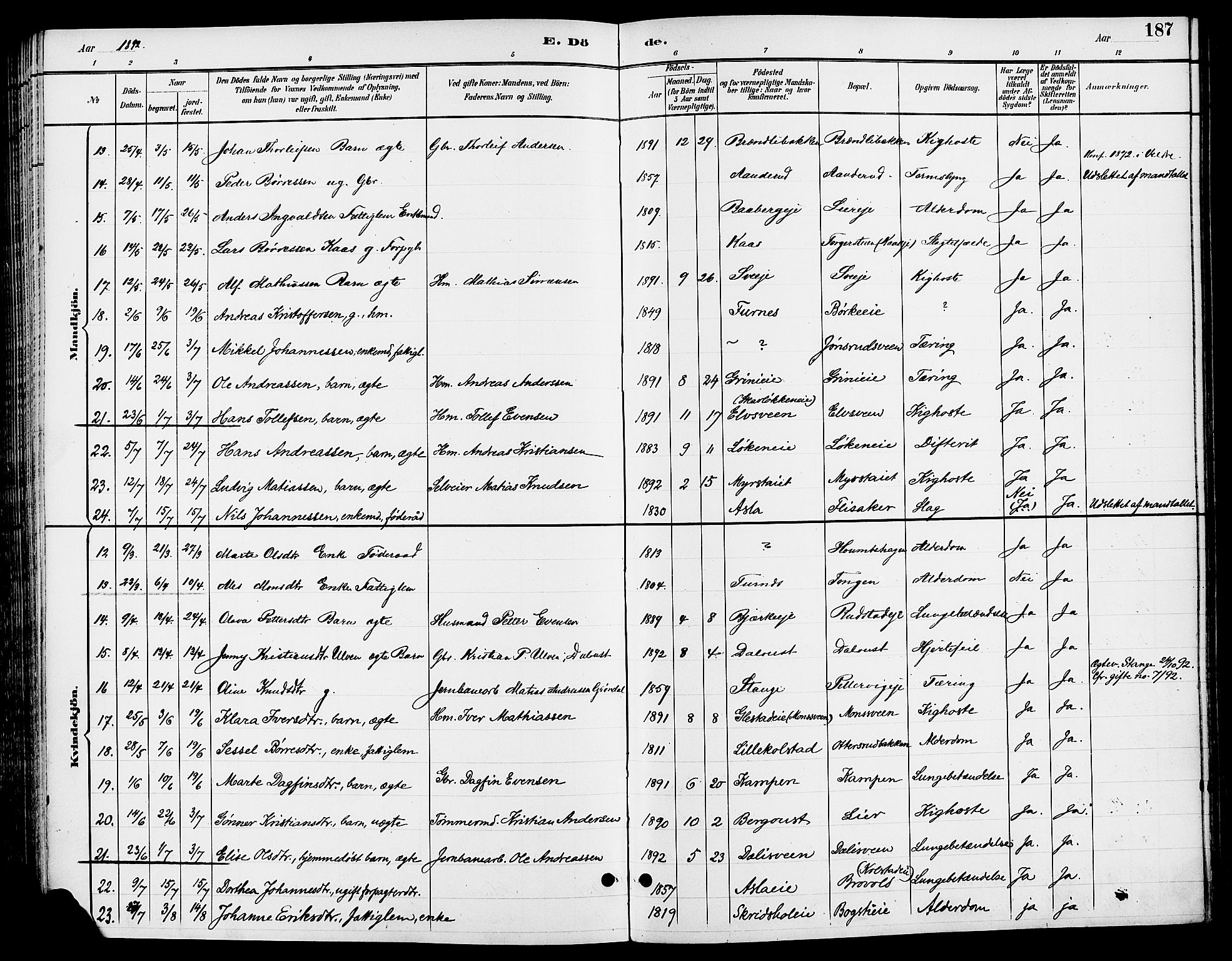 Ringsaker prestekontor, AV/SAH-PREST-014/L/La/L0014: Parish register (copy) no. 14, 1891-1904, p. 187