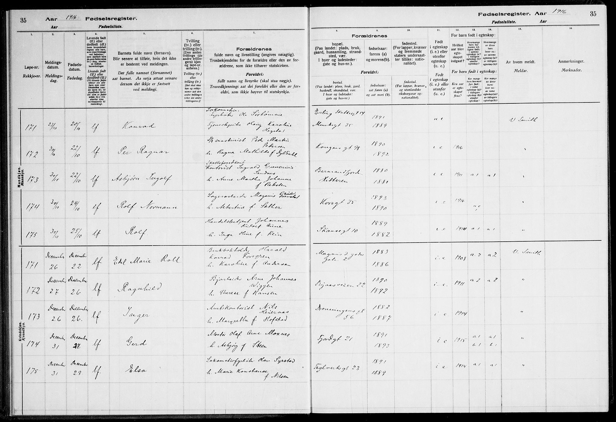 Ministerialprotokoller, klokkerbøker og fødselsregistre - Sør-Trøndelag, AV/SAT-A-1456/600/L0002: Birth register no. 600.II.4.1, 1916-1920, p. 35