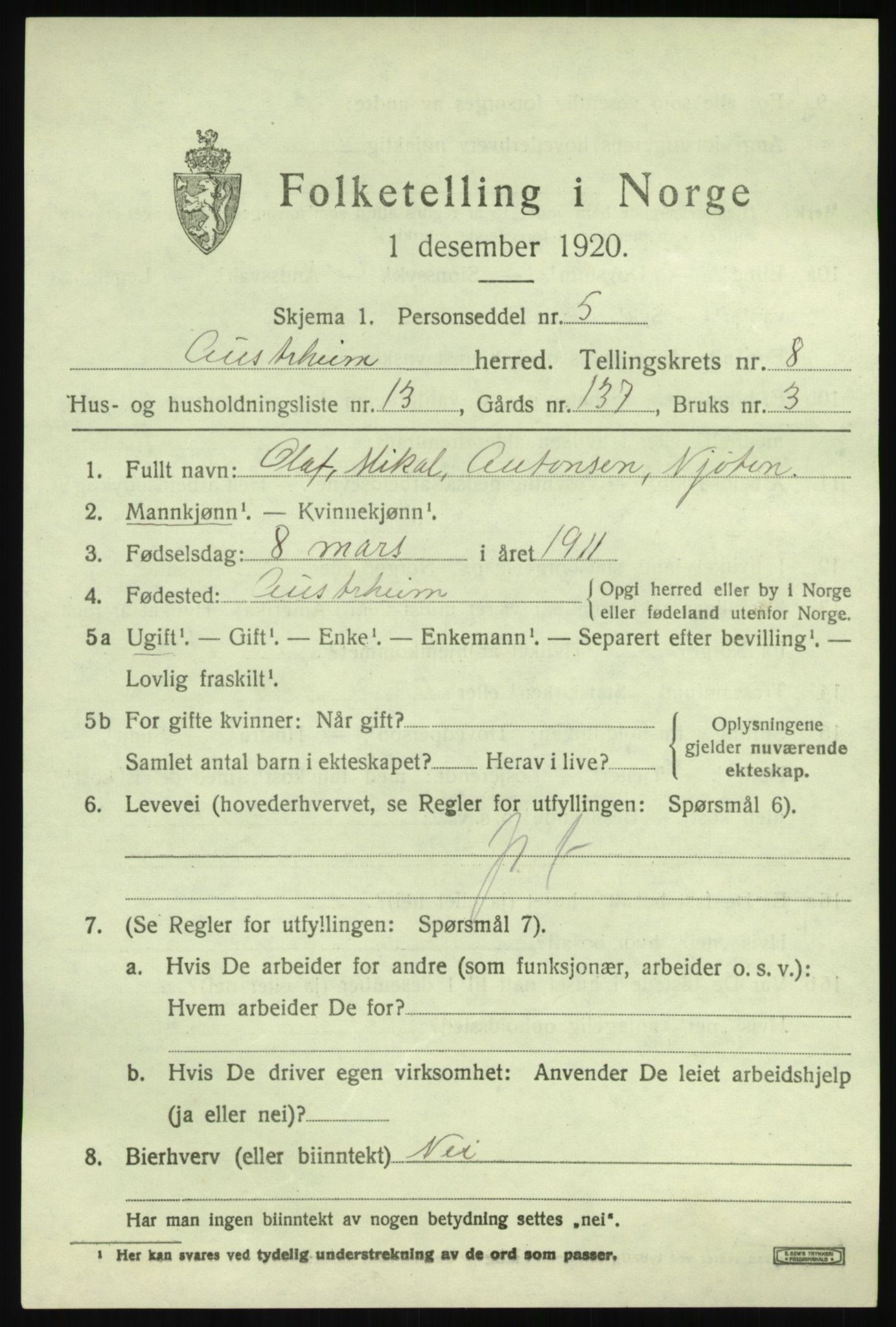 SAB, 1920 census for Austrheim, 1920, p. 3134