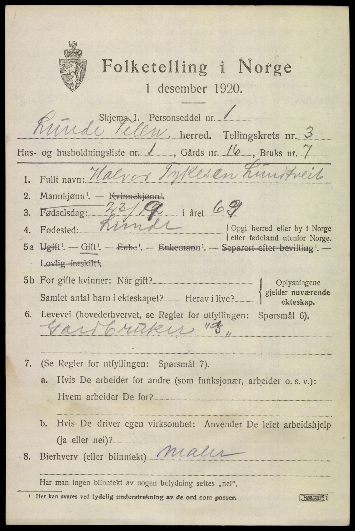 SAKO, 1920 census for Lunde, 1920, p. 2325