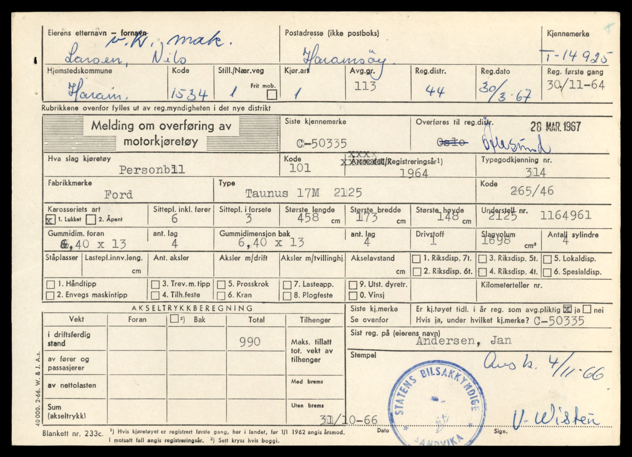 Møre og Romsdal vegkontor - Ålesund trafikkstasjon, AV/SAT-A-4099/F/Fe/L0049: Registreringskort for kjøretøy T 14864 - T 18613, 1927-1998, p. 1389