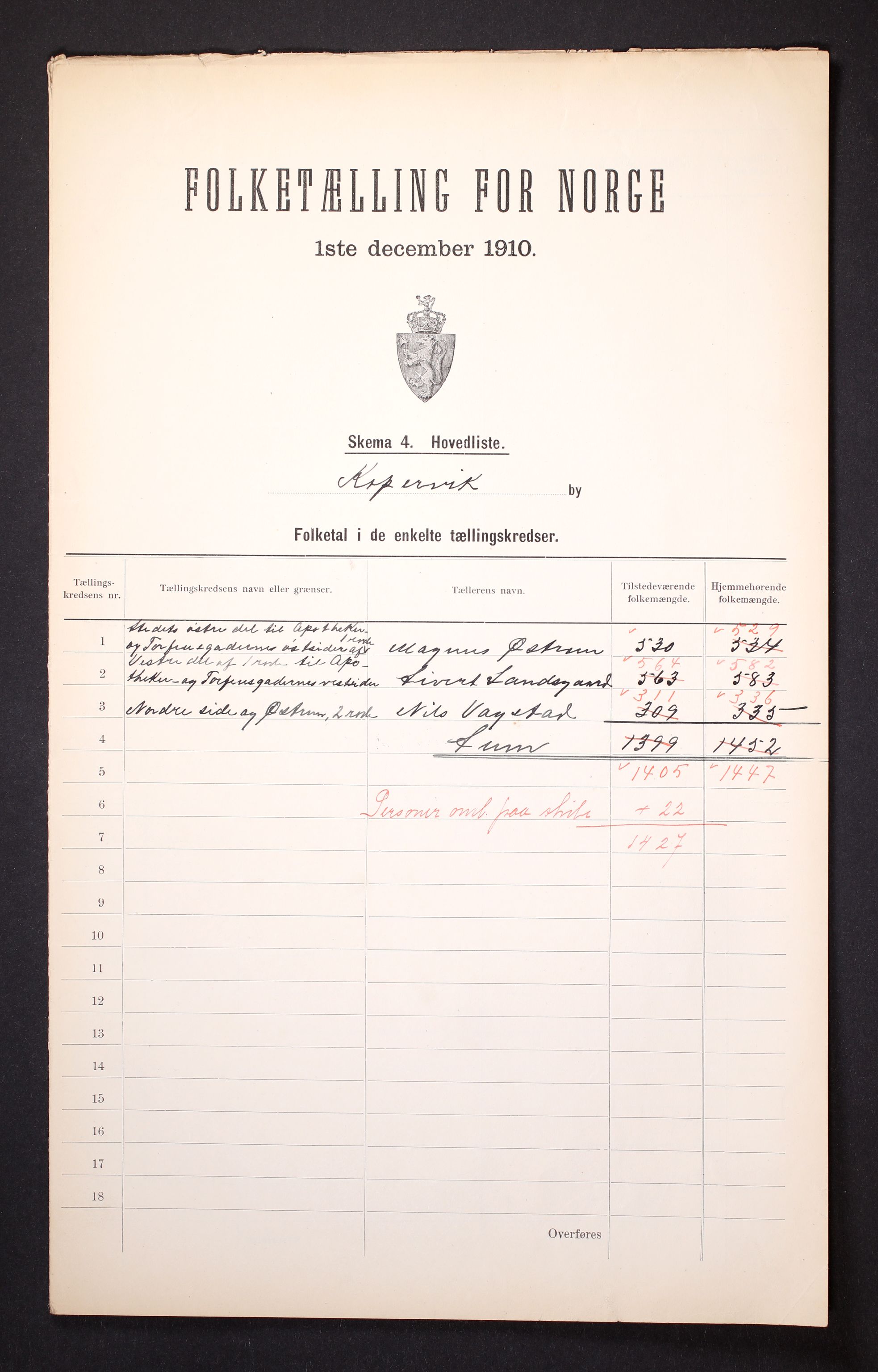 RA, 1910 census for Kopervik, 1910, p. 2