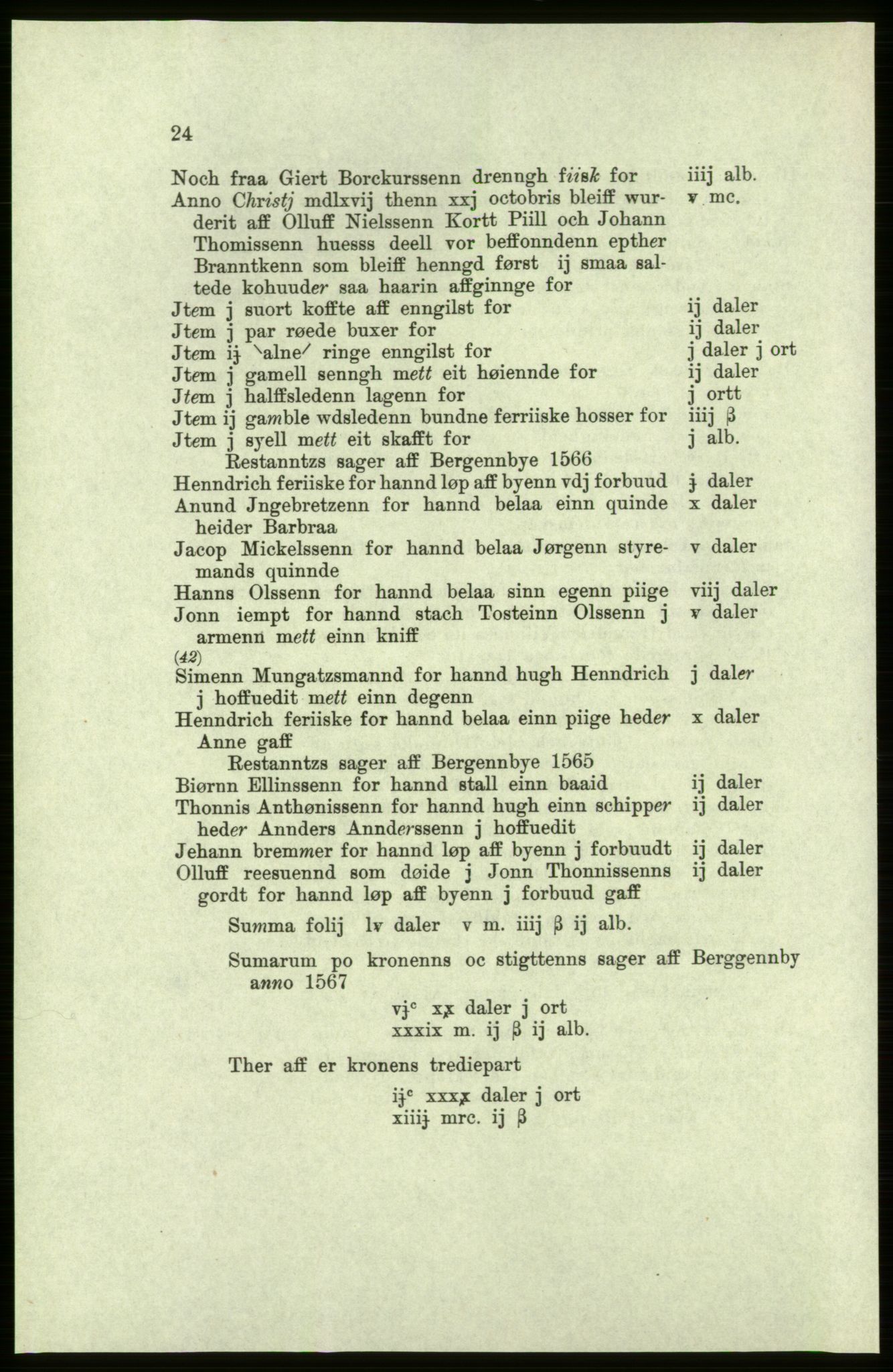 Publikasjoner utgitt av Arkivverket, PUBL/PUBL-001/C/0004: Bind 4: Rekneskap for Bergenhus len 1566-1567: A. Inntekt, 1566-1567, p. 24