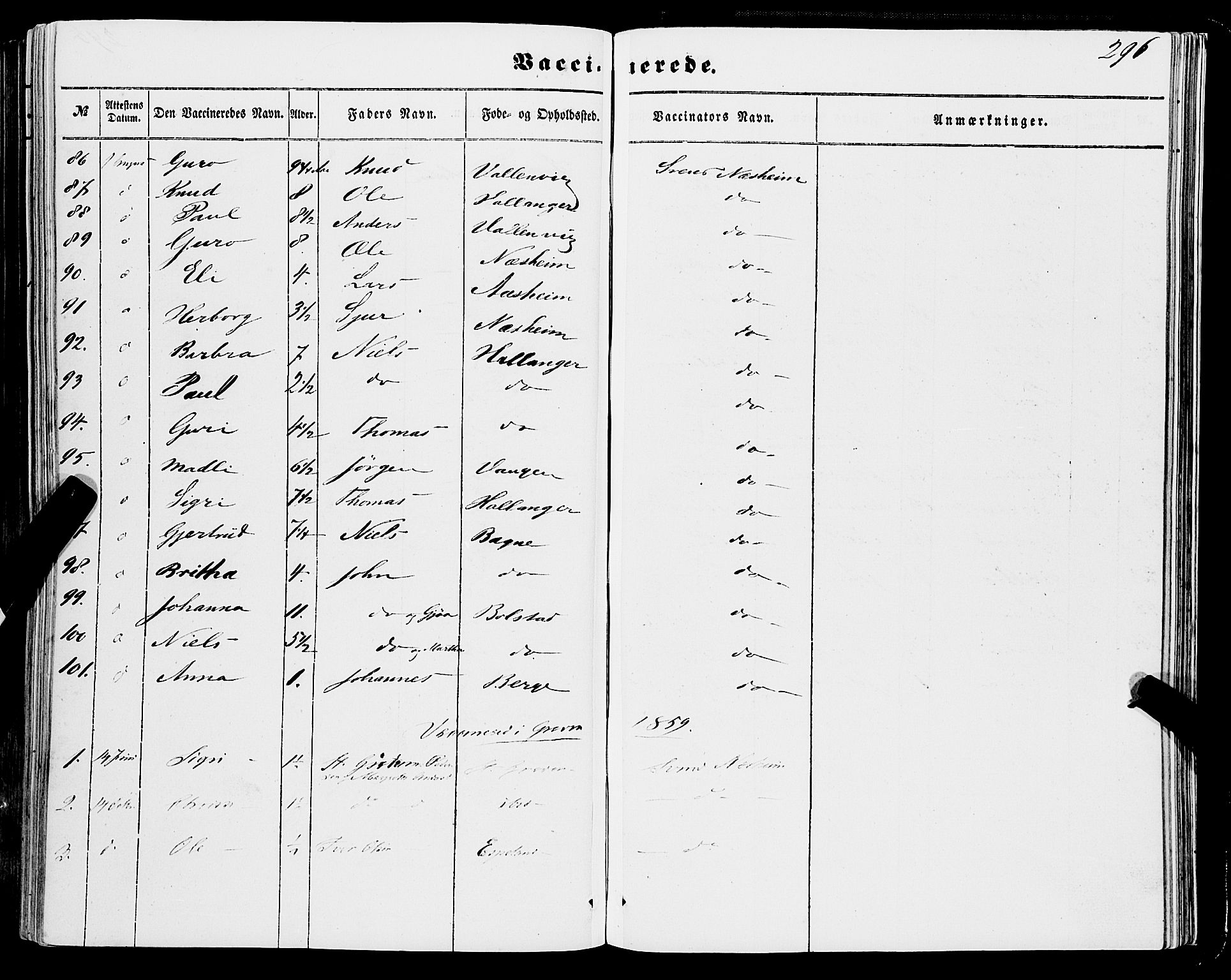 Ulvik sokneprestembete, SAB/A-78801/H/Haa: Parish register (official) no. A 13, 1853-1863, p. 296