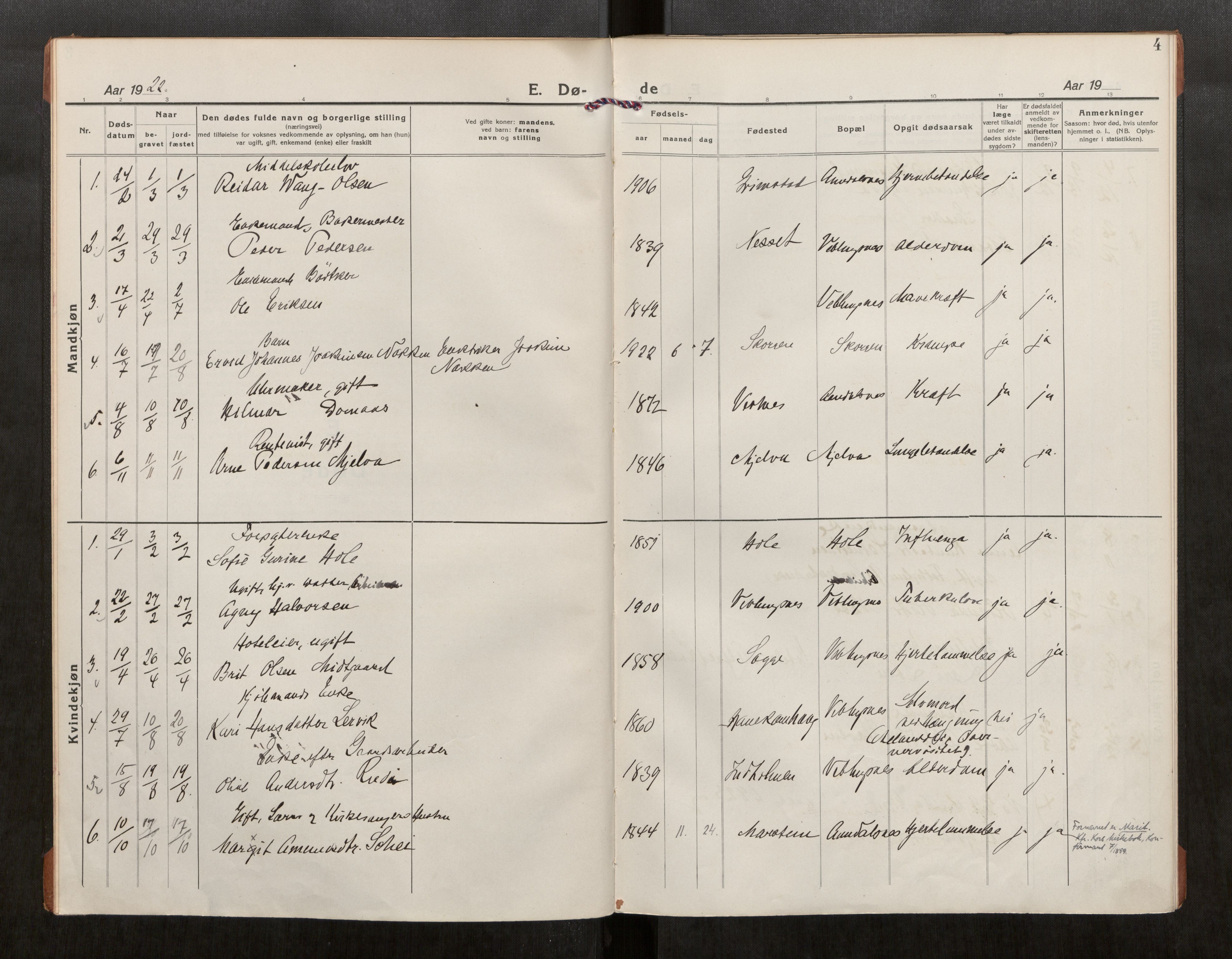 Ministerialprotokoller, klokkerbøker og fødselsregistre - Møre og Romsdal, AV/SAT-A-1454/544/L0586: Parish register (official) no. 544A12, 1922-1934, p. 4